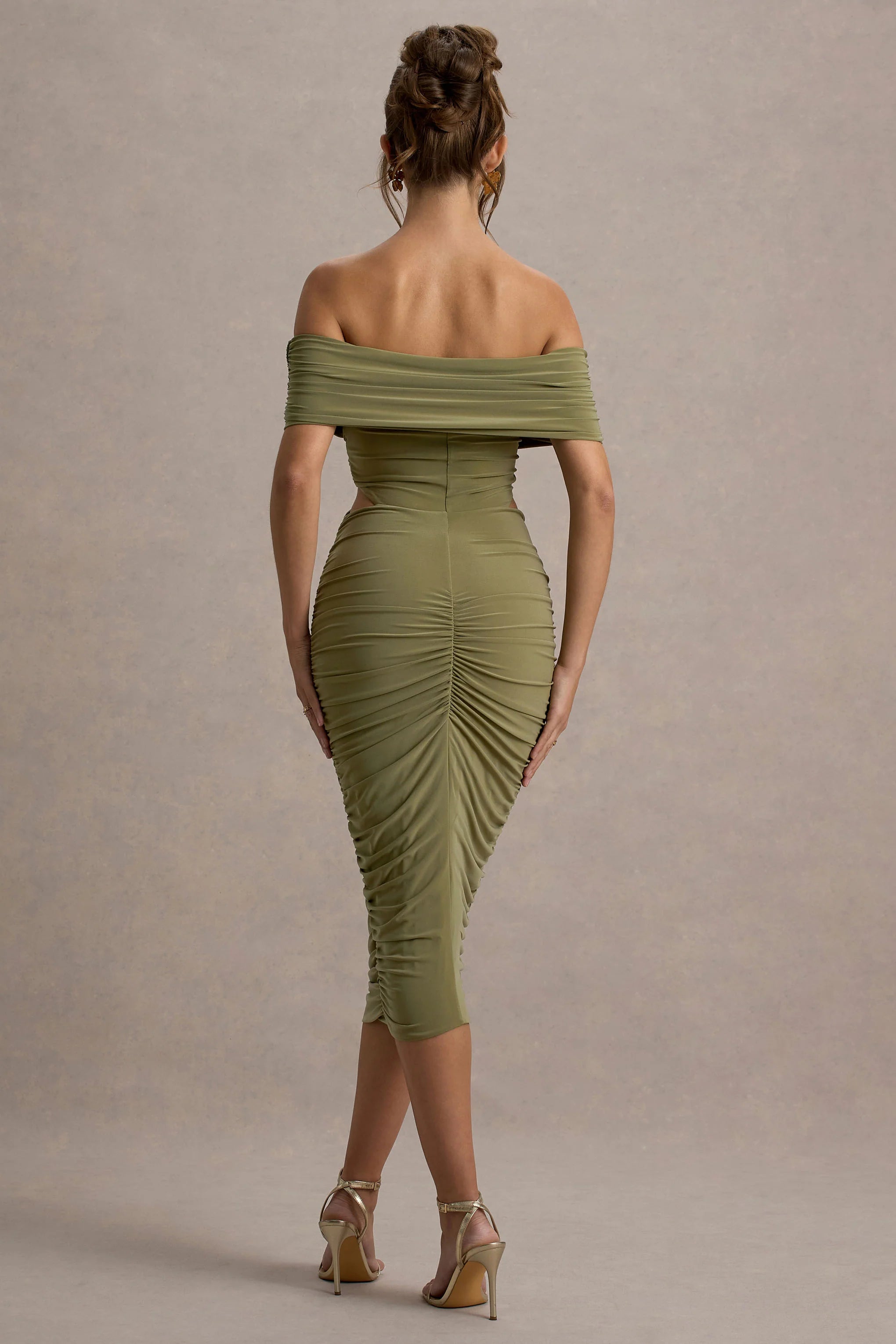 Clovette Olive Ruched Bardot Cut Out Midi Dress