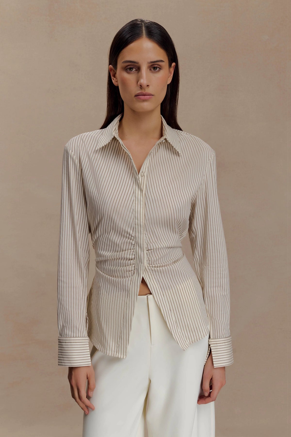 Millie Tie Back Cotton Shirt Beige Pinstripe