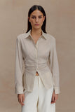 Millie Tie Back Cotton Shirt Beige Pinstripe