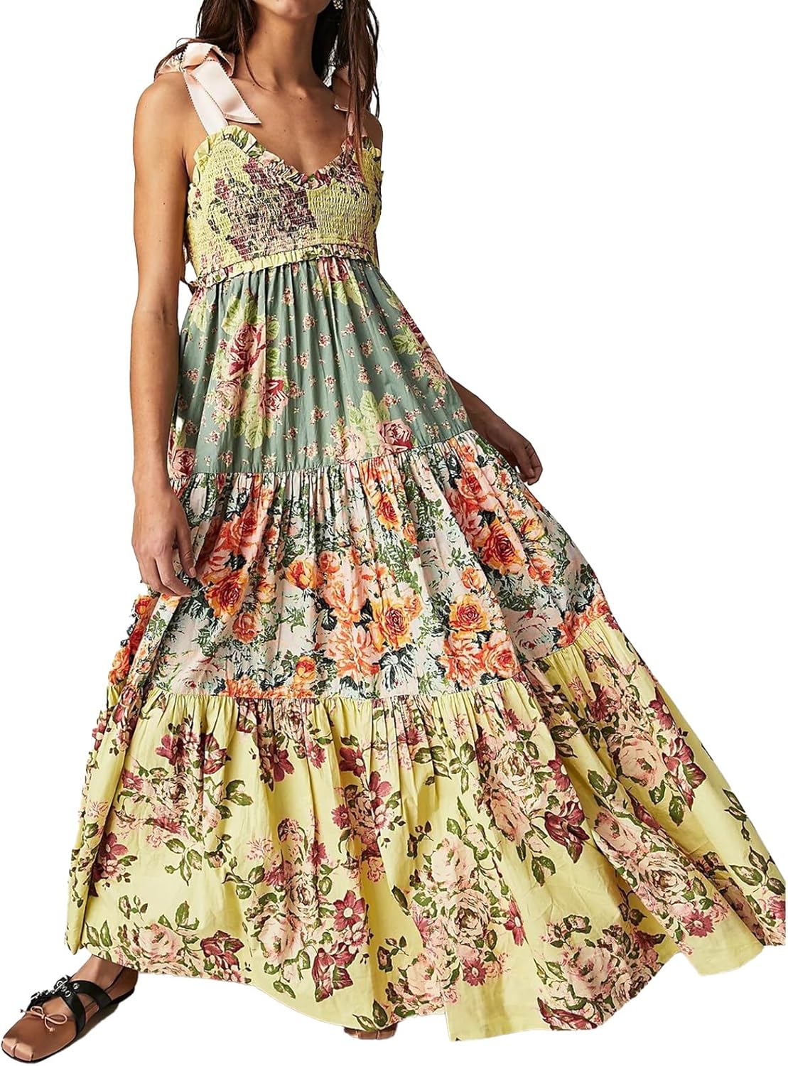 Women Floral Maxi Dress Tie Shoulder Patchwork Smocked Flowy Boho Dress with Pockets Summer Vacation Sundress
