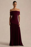 Venezia Burgundy Bardot Maxi Dress With Drop Waist