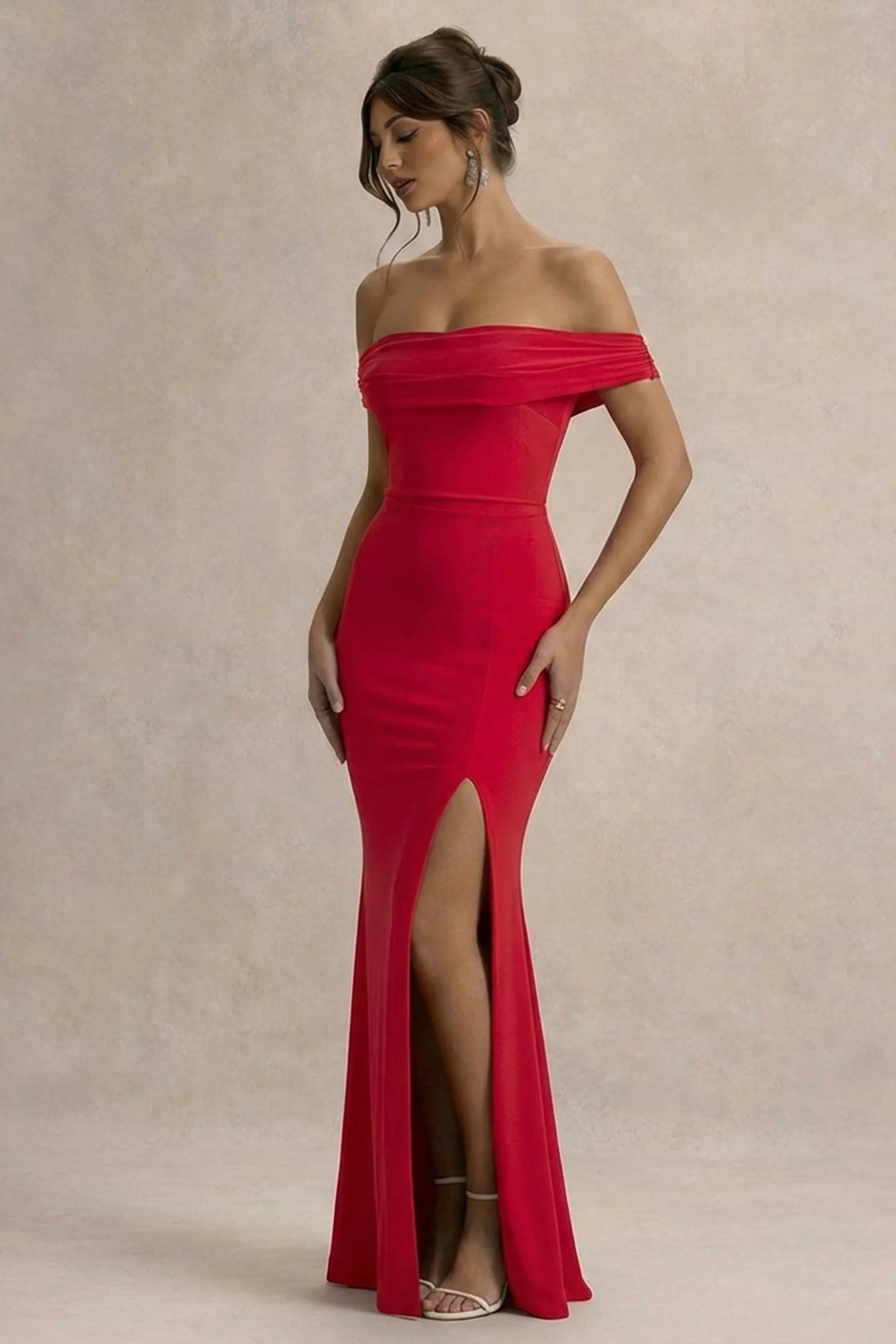 Law of Attraction Red Bardot Draped Split Maxi Dress