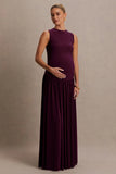 Outline Plum Crew Neck Maternity Maxi Dress With Pleated Skirt