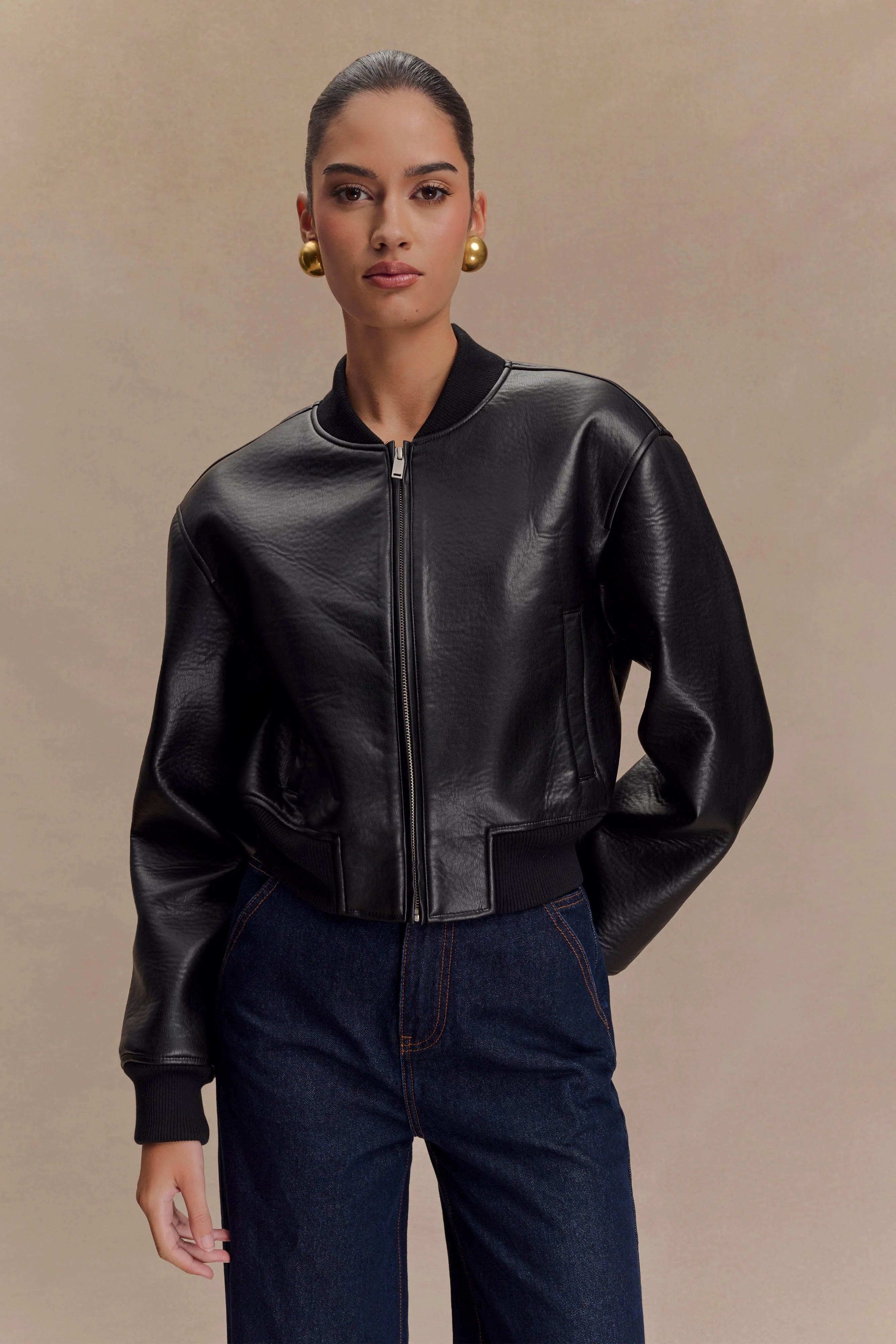 Codi Faux Leather Bomber Jacket Black