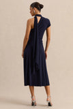 Lythara Navy Asymmetric Neck Midi Dress With Scarf Detail