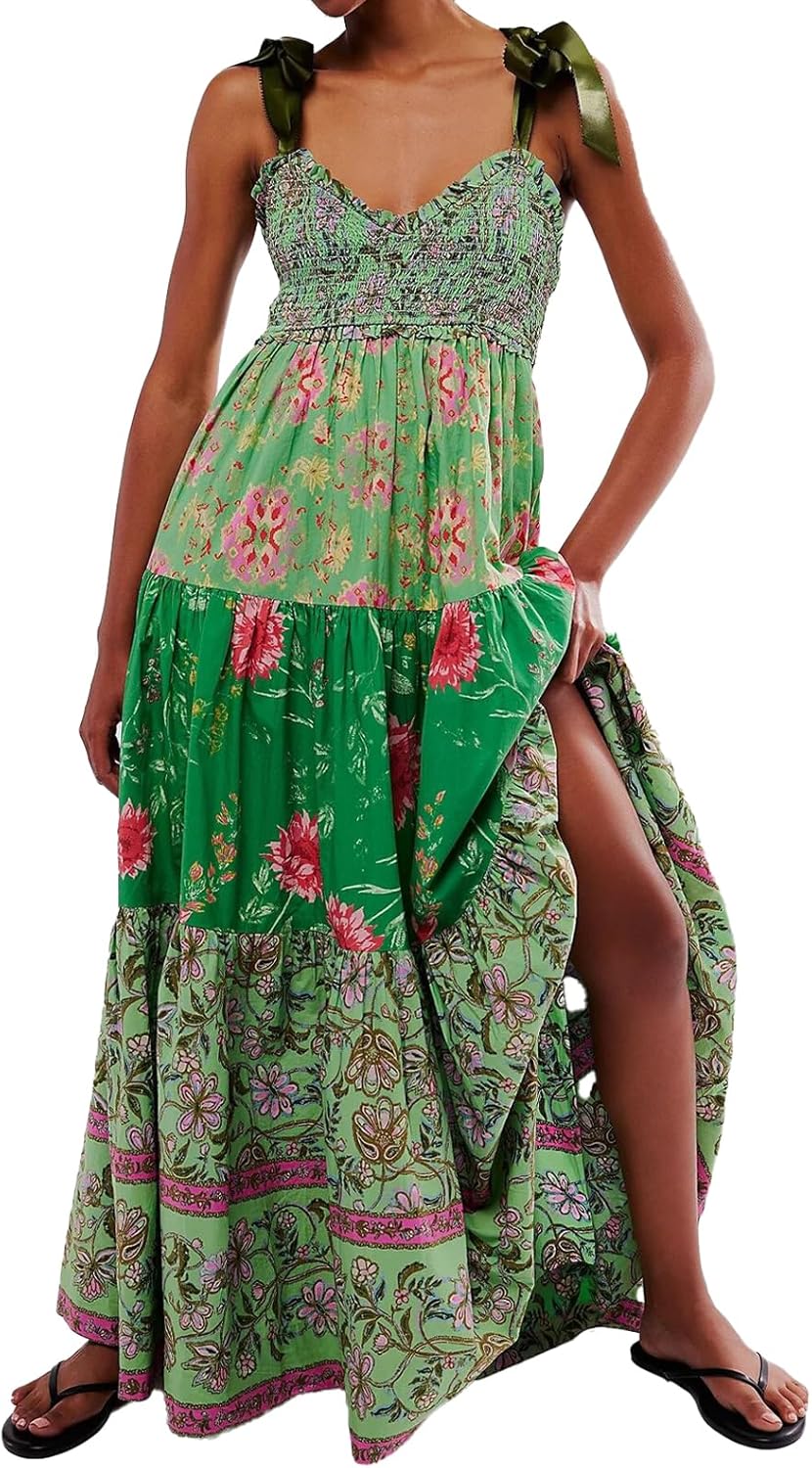 Women Floral Maxi Dress Tie Shoulder Patchwork Smocked Flowy Boho Dress with Pockets Summer Vacation Sundress