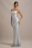 Quartz Silver Embellished Square Neck Open Back Maxi Dress