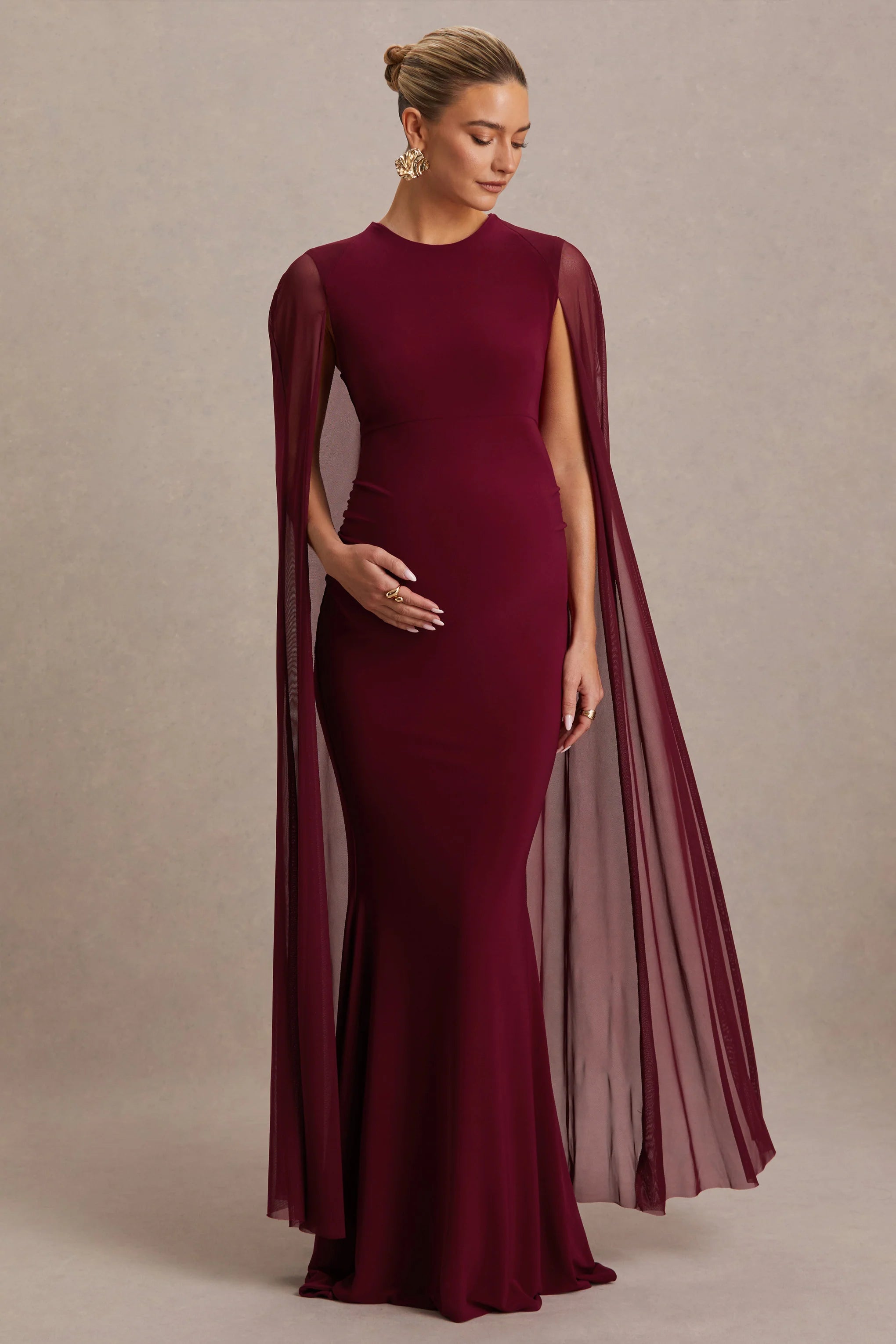 Currant Berry High Neck Maternity Maxi Dress With Cape