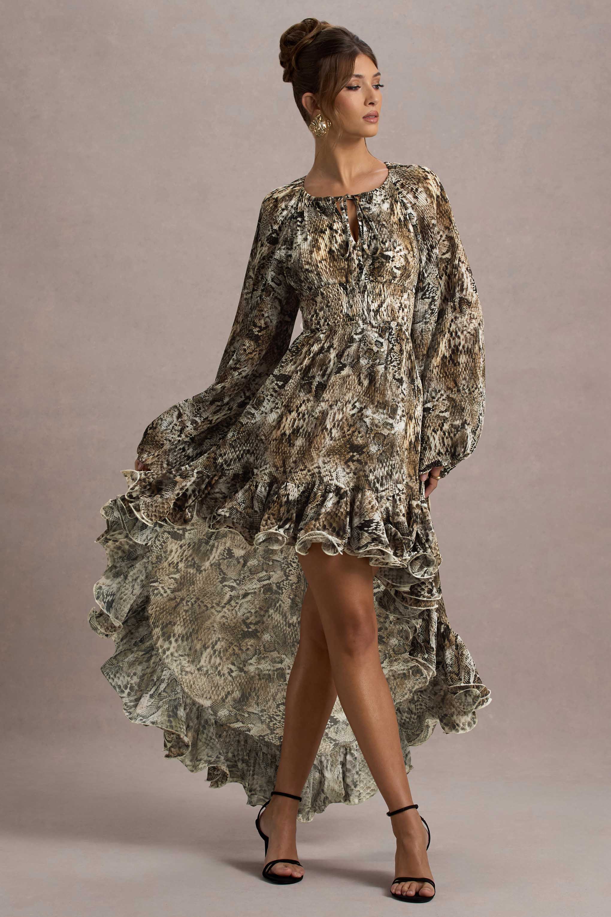 Namir Snake Print High Low Chiffon Maxi Dress