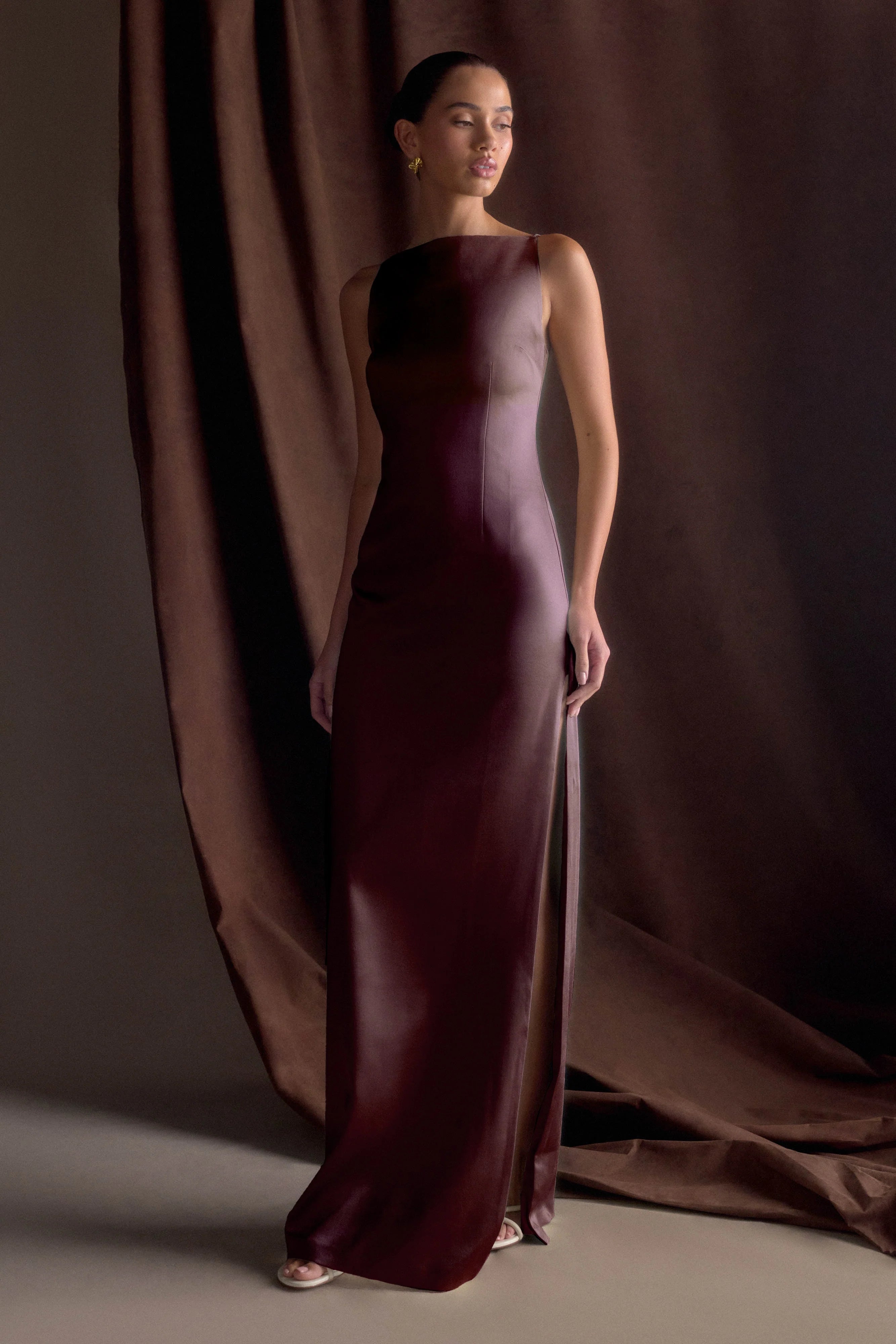 Violet Sleeveless Satin Maxi Dress Dark Chocolate
