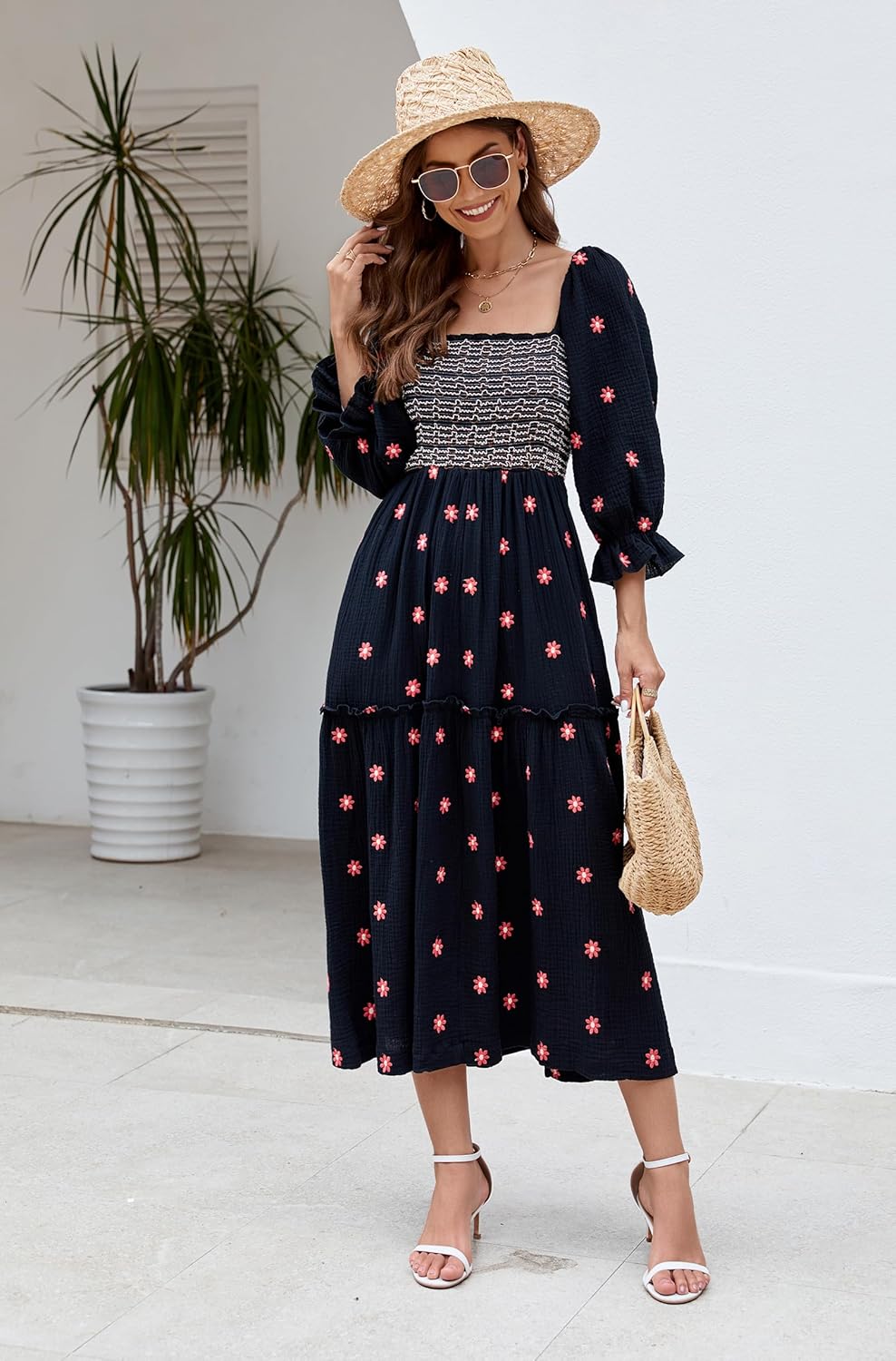 Women Floral Embroidered Maxi Dress Long Puff Sleeve Square Neck Bohemian Flowy Dress with Pockets Summer Fall