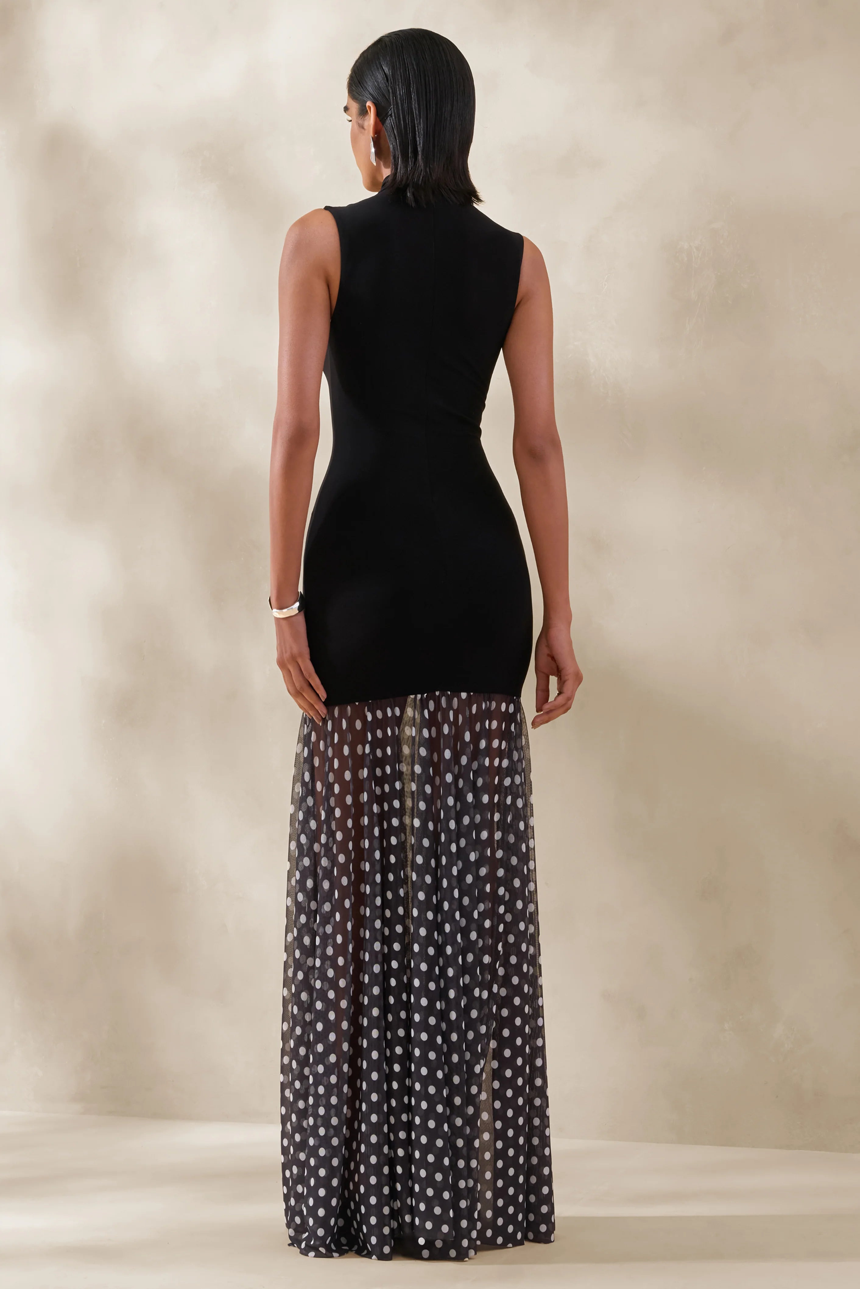 Felina Black High Neck Maxi Dress With Sheer Skirt