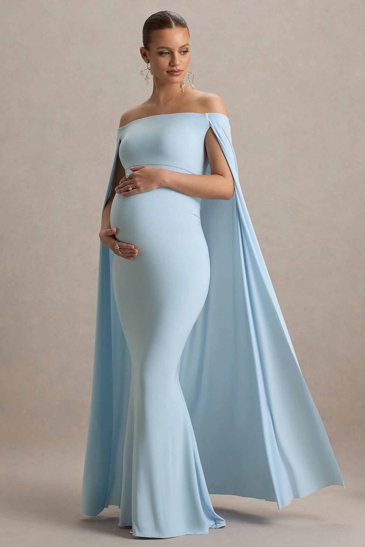 Radiance Powder Blue Bardot Maternity Maxi Dress With Cape