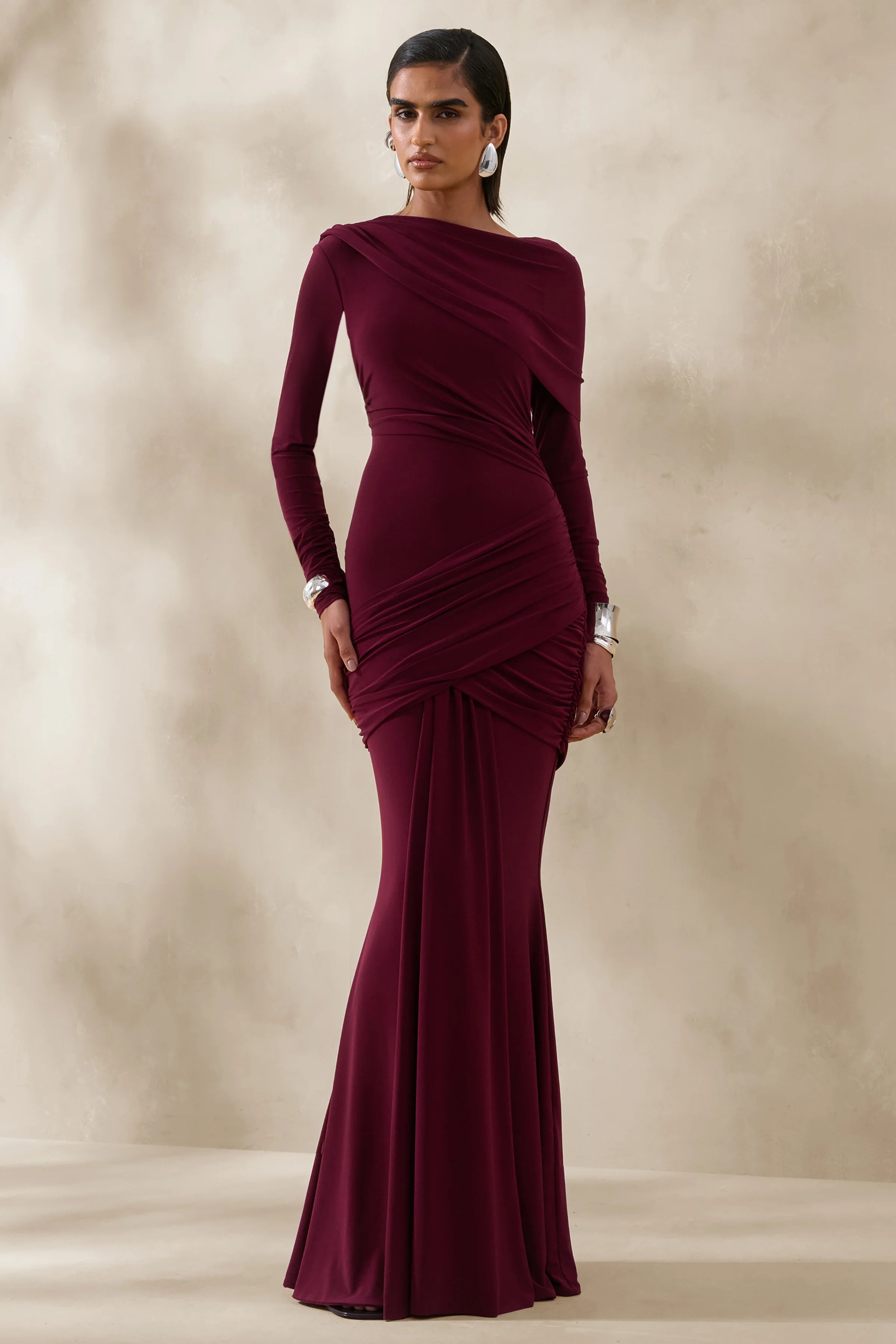 Kessara Burgundy Asymmetric Neck Maxi Dress With Sash And Gathered Detailing