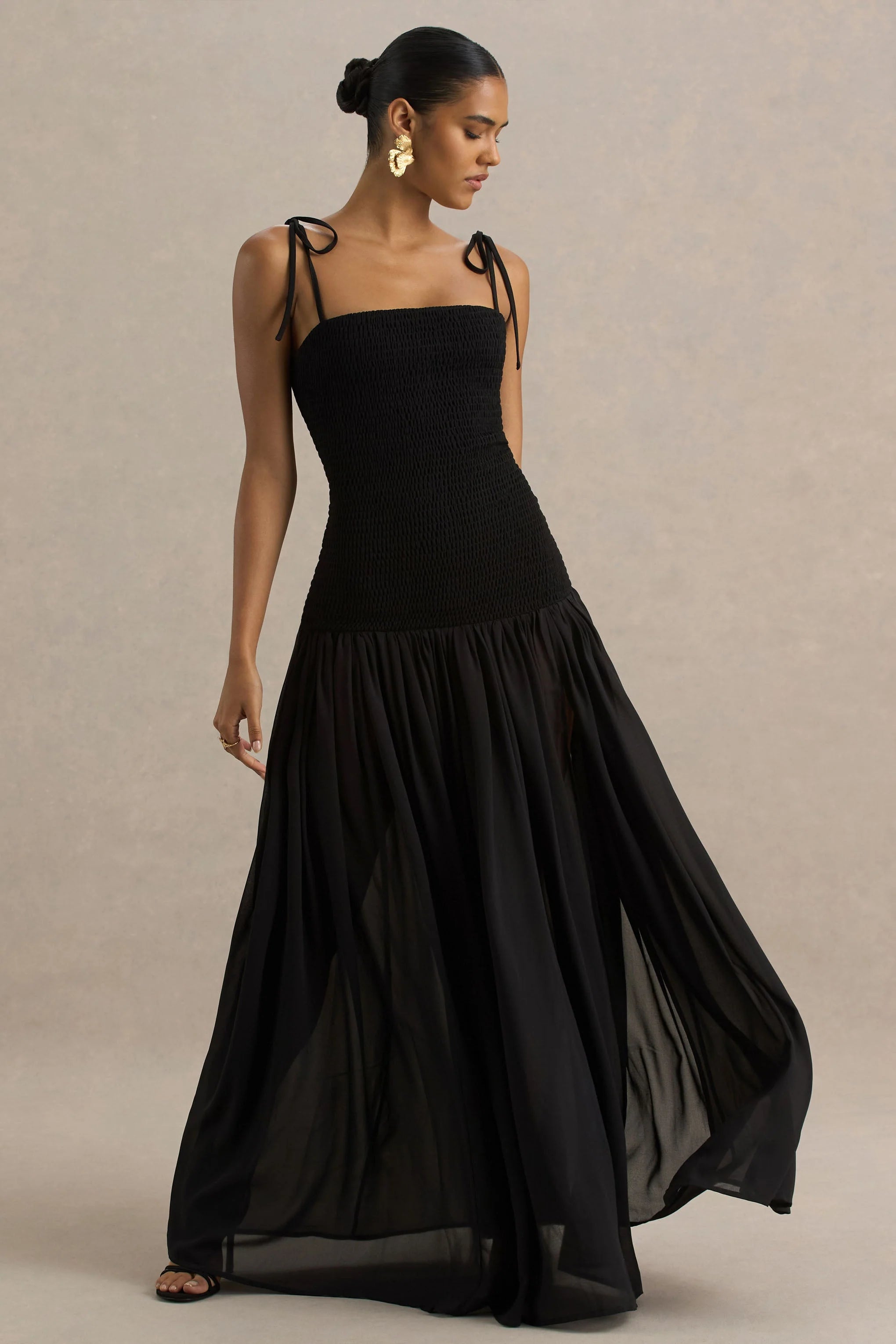 Maeva Black Square Neck Fishtail Maxi Dress With Ruched Detailing