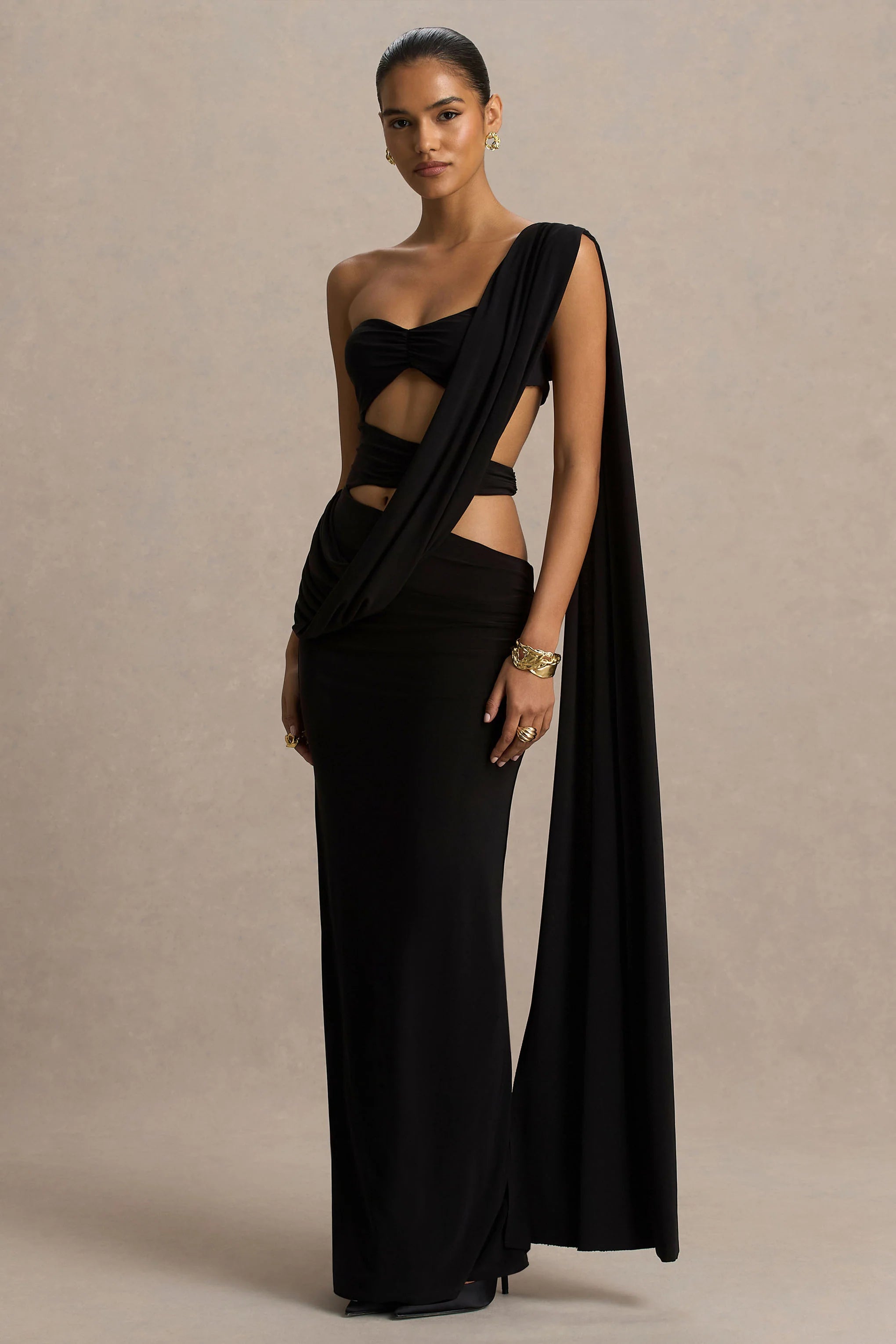 Nebula Black Bandeau Maxi Dress With Body Cut Out Details