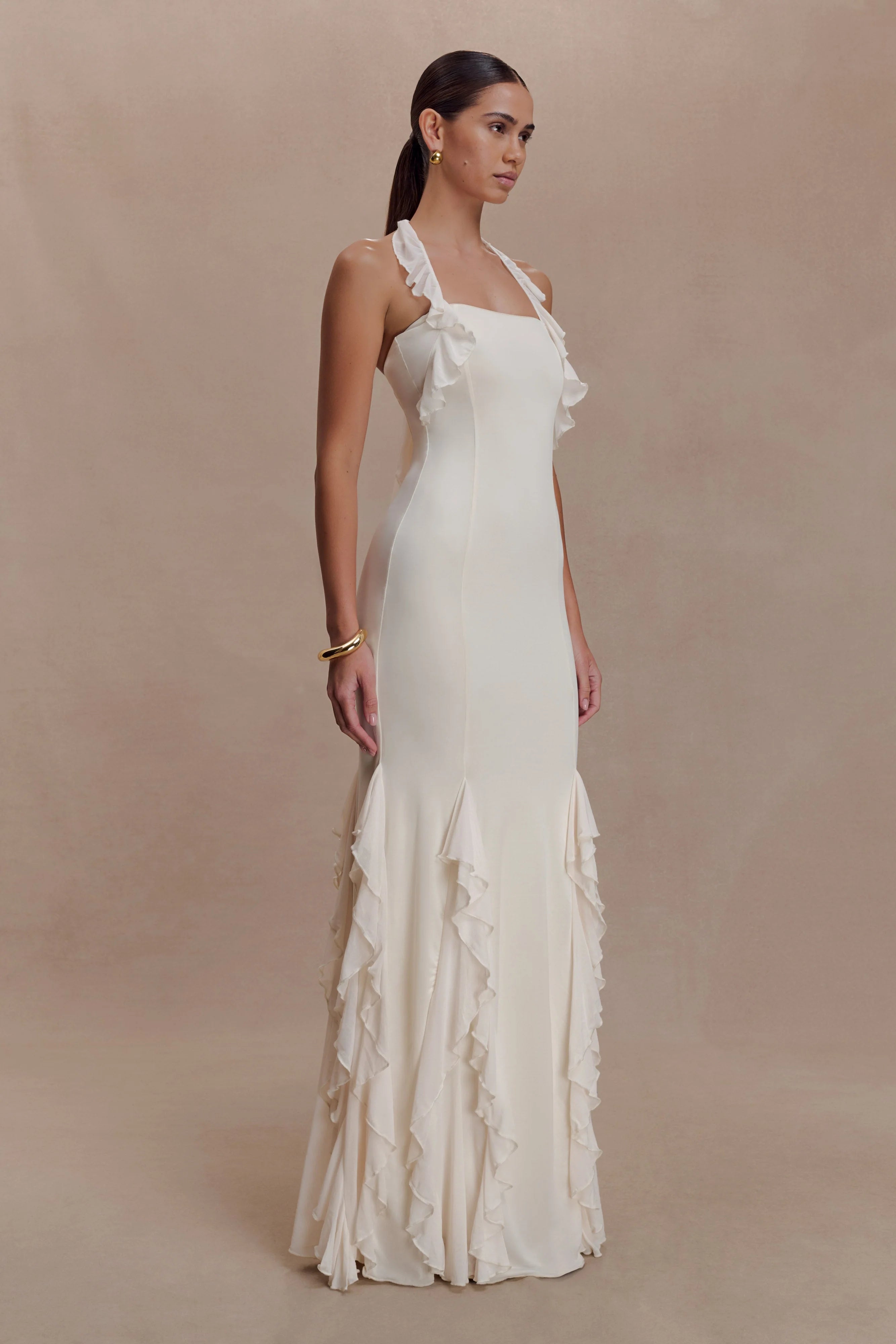 Etta Ruffle Slinky Maxi Dress Ivory