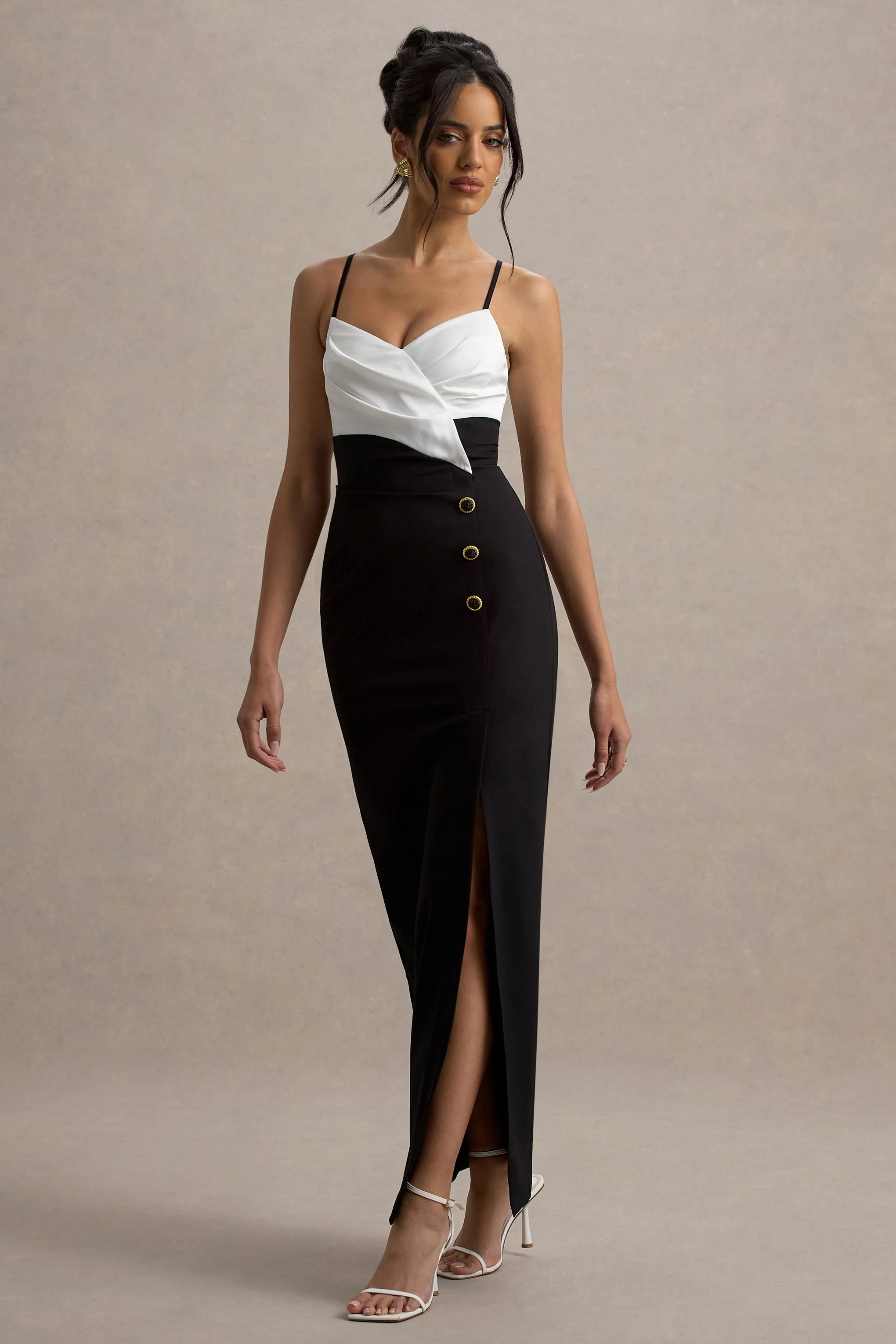 Rosalind Black White Strappy Tailored Maxi Dress With Split