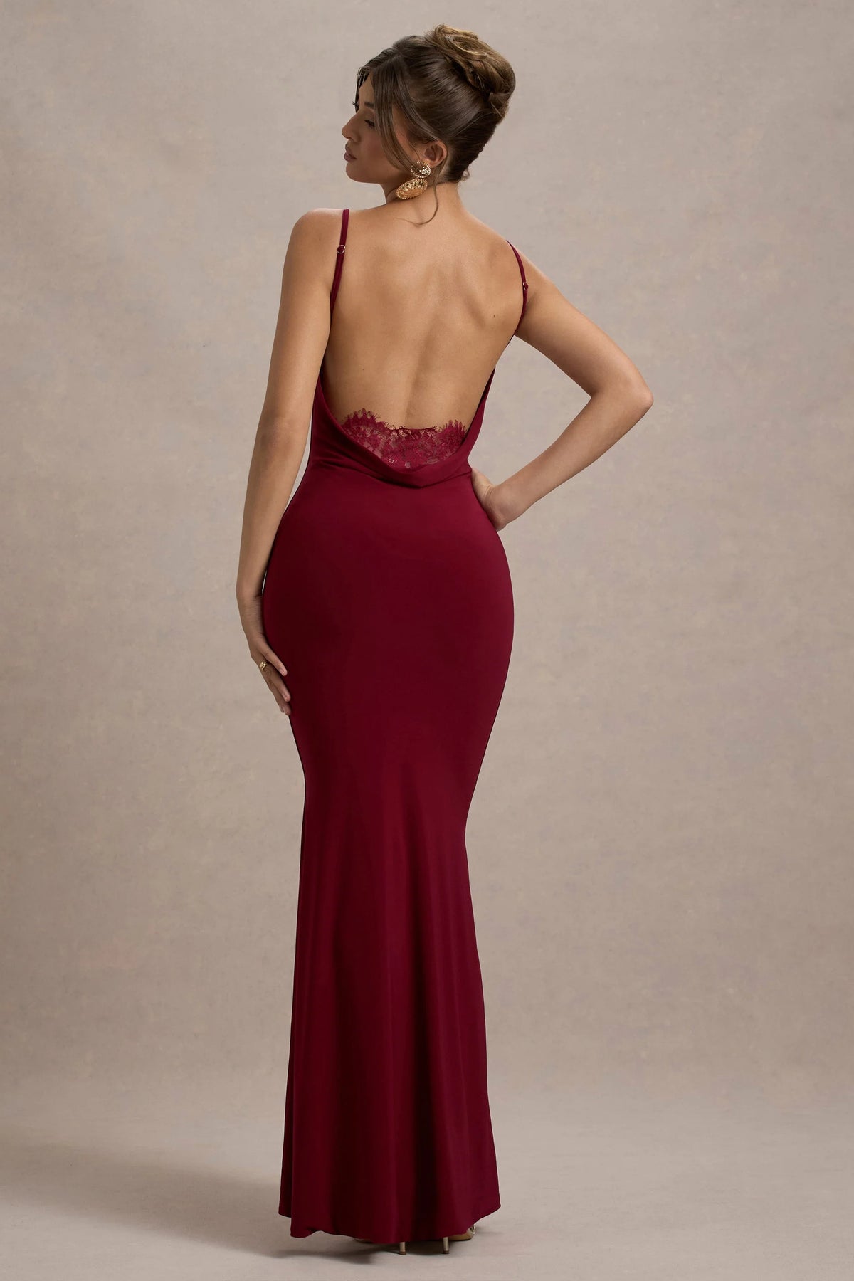 Francoise Berry Cowl Neck Backless Maxi Dress With Lace Insert