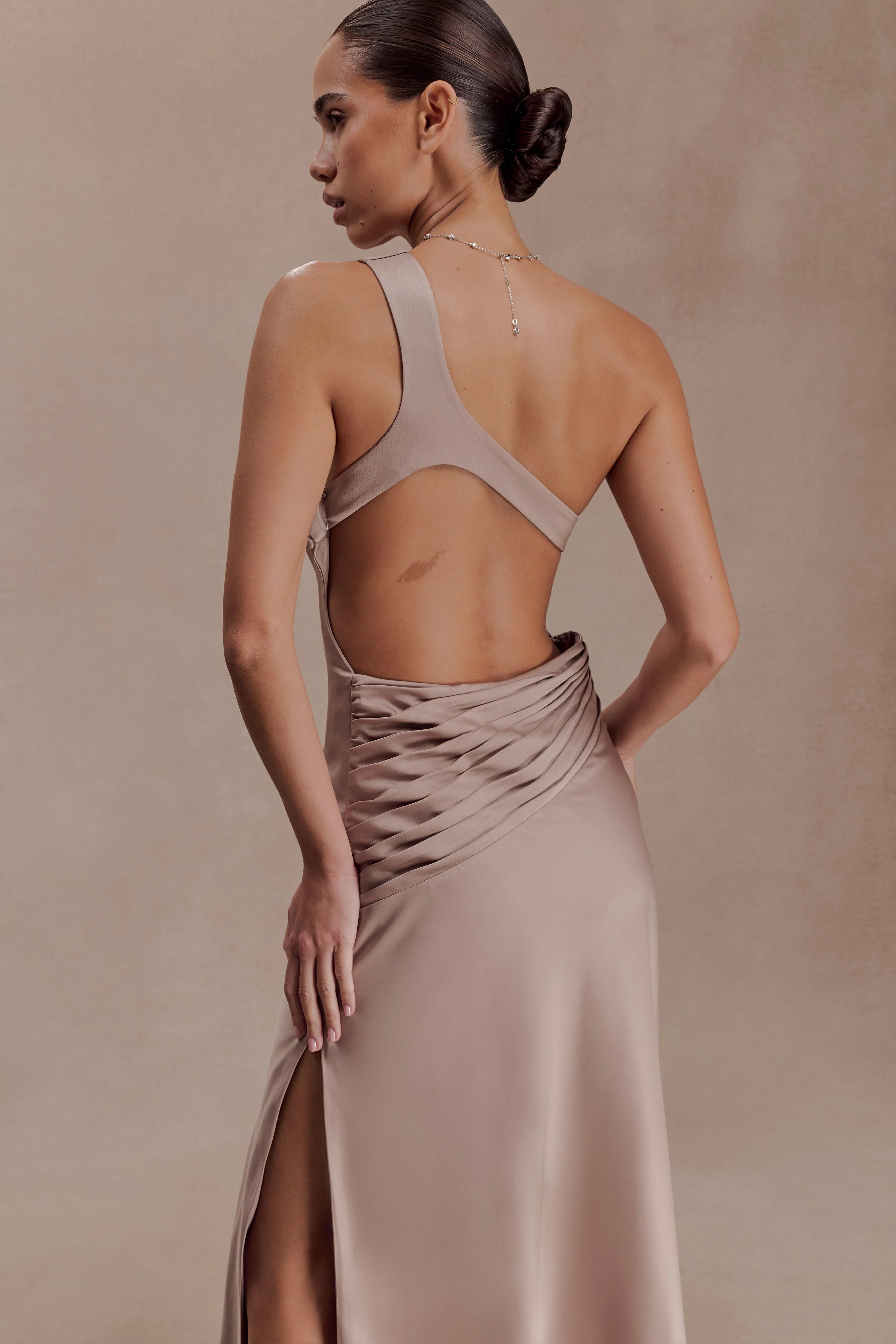 Lyla Asymmetrical Satin Maxi Dress Bronze Taupe