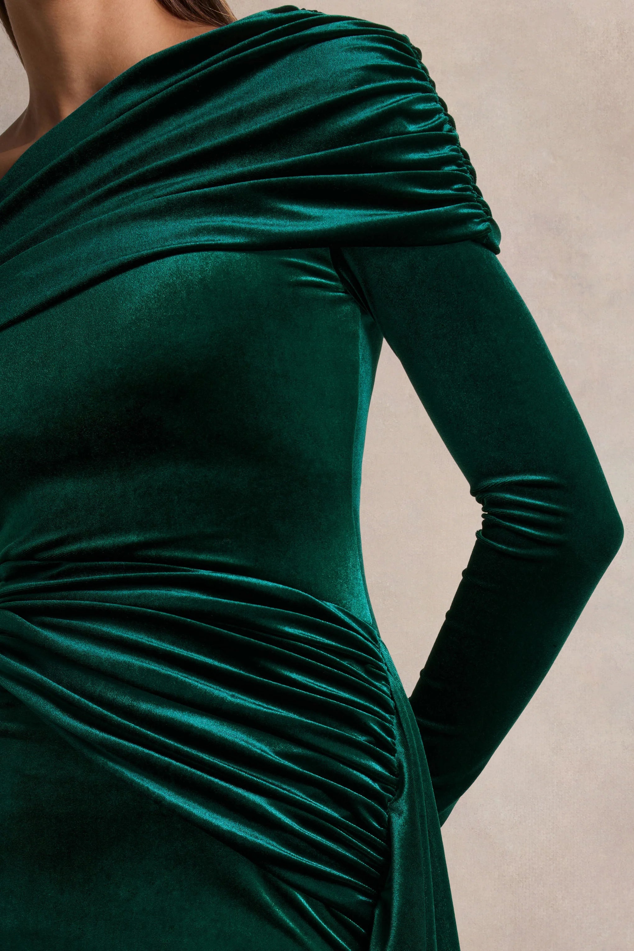 Hadria Bottle Green Velvet Asymmetric Neck Maxi Dress With Sash Detail