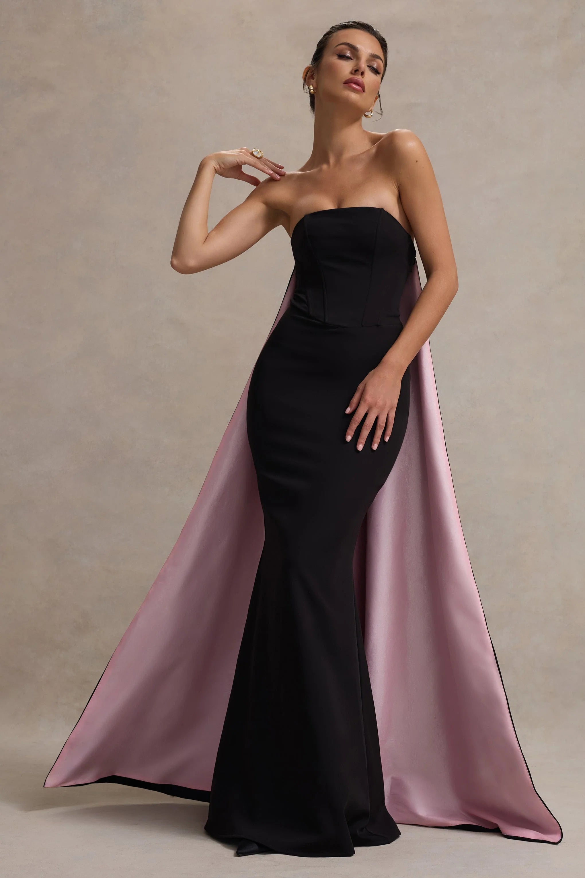 Shes Trouble Black Bandeau Maxi Dress With Pink Cape