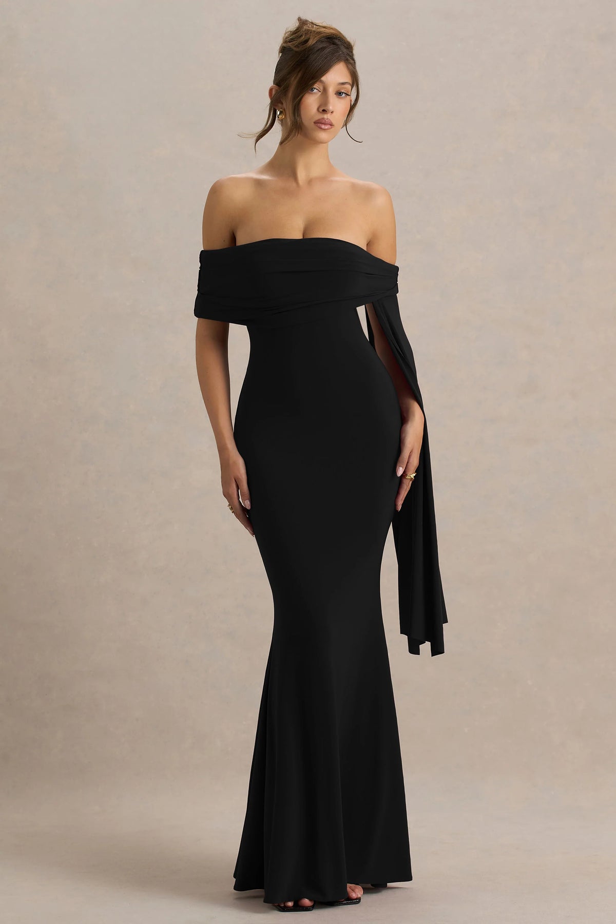 Saffina Black Bardot Neck Maxi Dress With Sash Detail