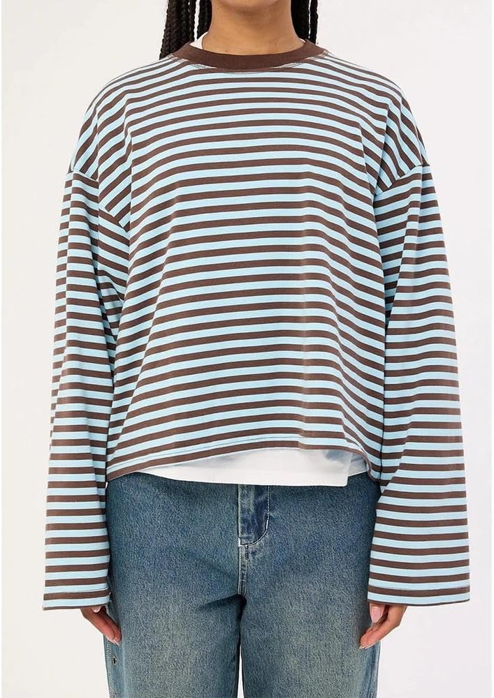 Women Striped Long Sleeve Shirt Crewneck Cropped Pullover Top Fall Winter Vintage Sweatshirt Streetwear