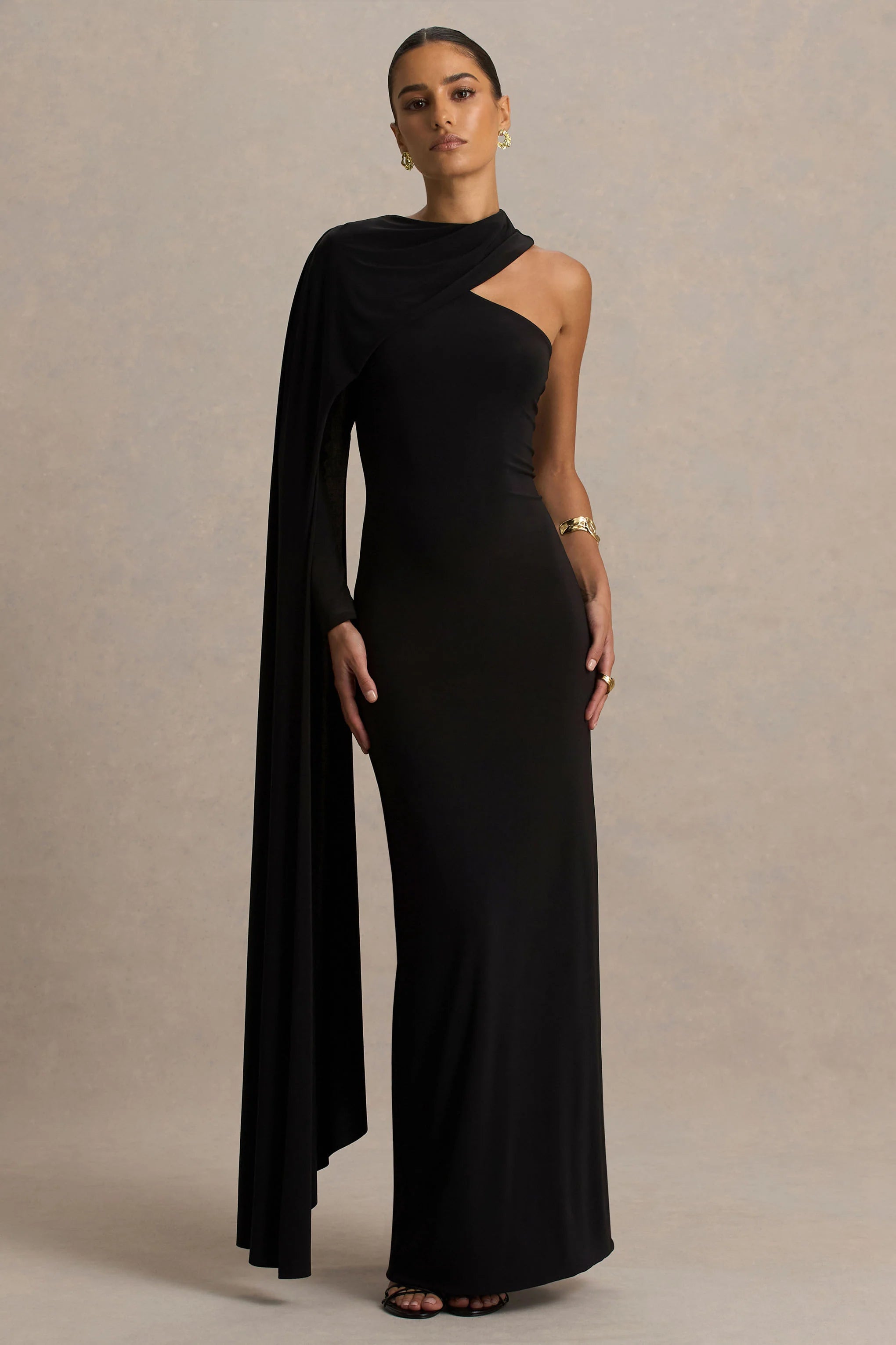 Dawn Black High Neck Maxi Dress With One Long Cape Sleeve