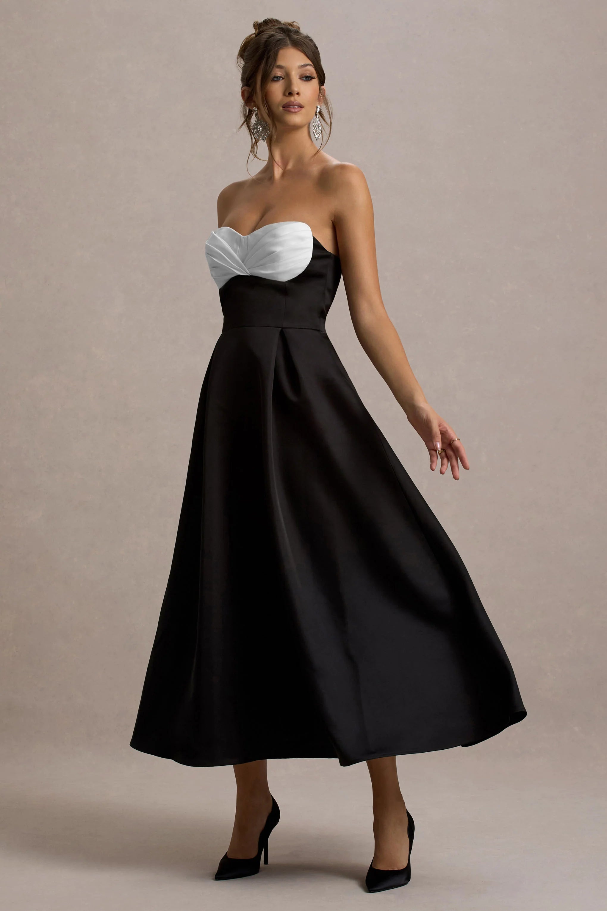 Wintour Black Satin Sweetheart Midi Dress