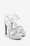 Doll Drama Silver Glitter Diamante Strappy Platform Heels