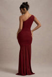 Bastia Burgundy Ruched Mesh Asymmetric Maxi Dress