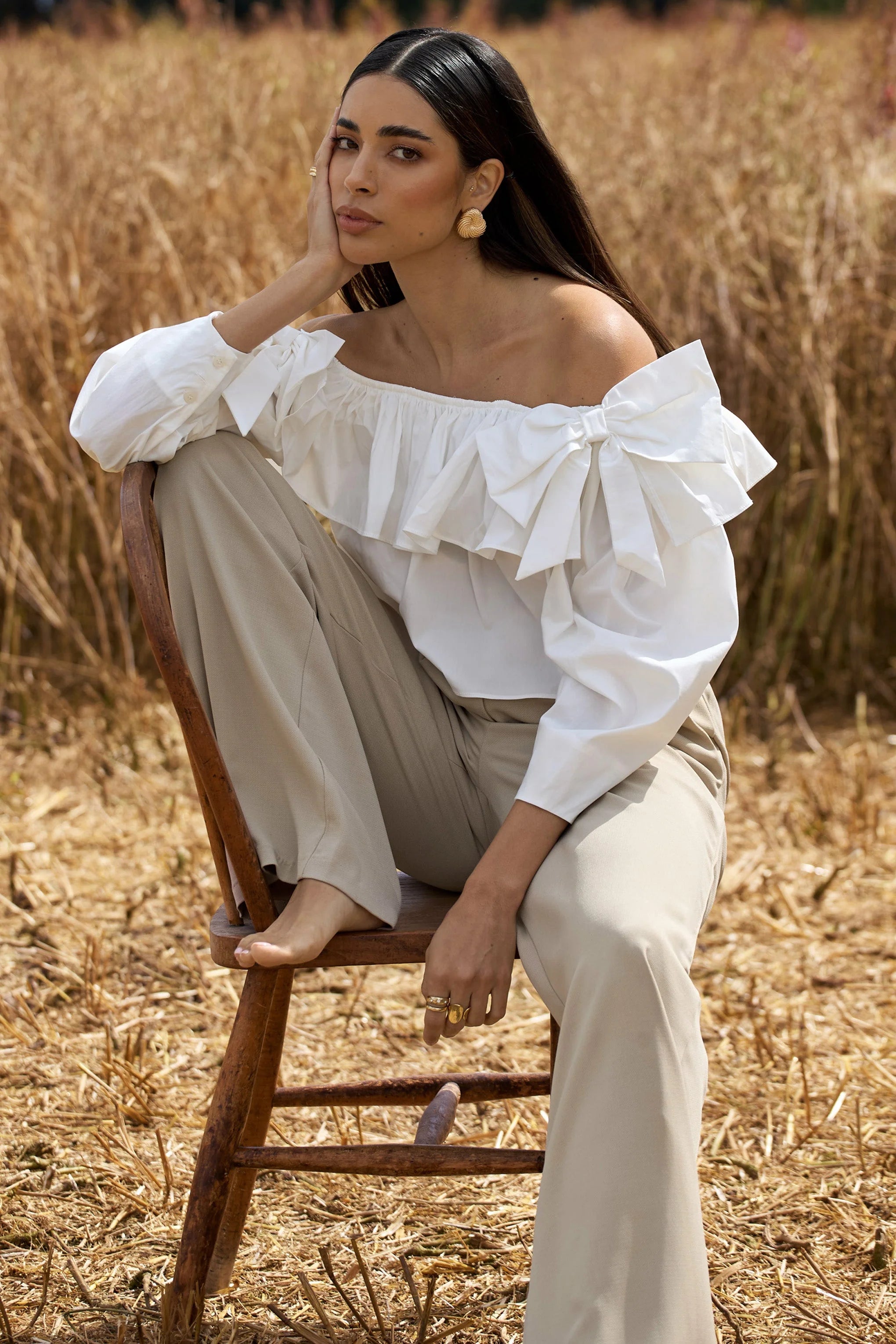 Cove White Bardot Puff Sleeve Ruffle Top With Bows
