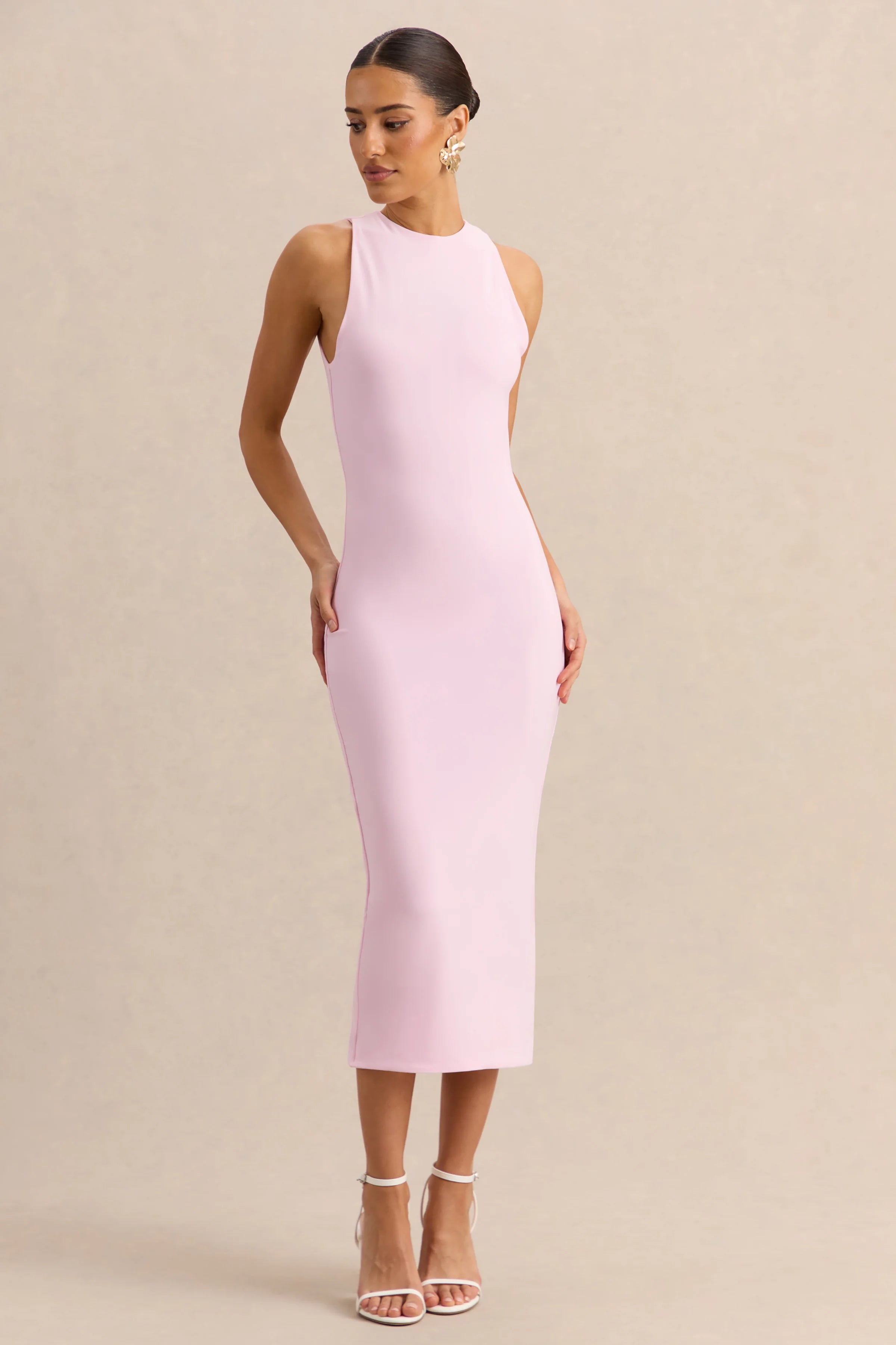Mirana Light Pink High Neck Midi Dress