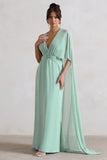 Fairytale Sage Plunge Neck Chiffon Maxi Dress With Cape Sleeve