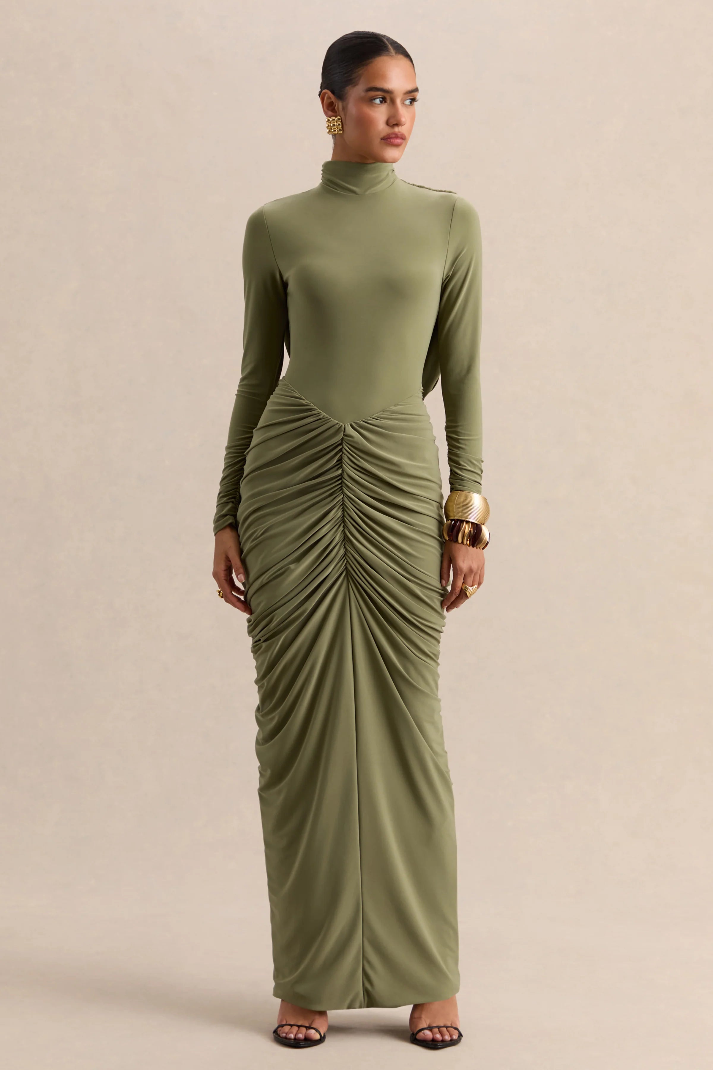 Harmona Olive High Neck Maxi Dress With Gathered And Draped Detailing