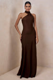 Cara Brown Matte Satin High Neck Maxi Dress