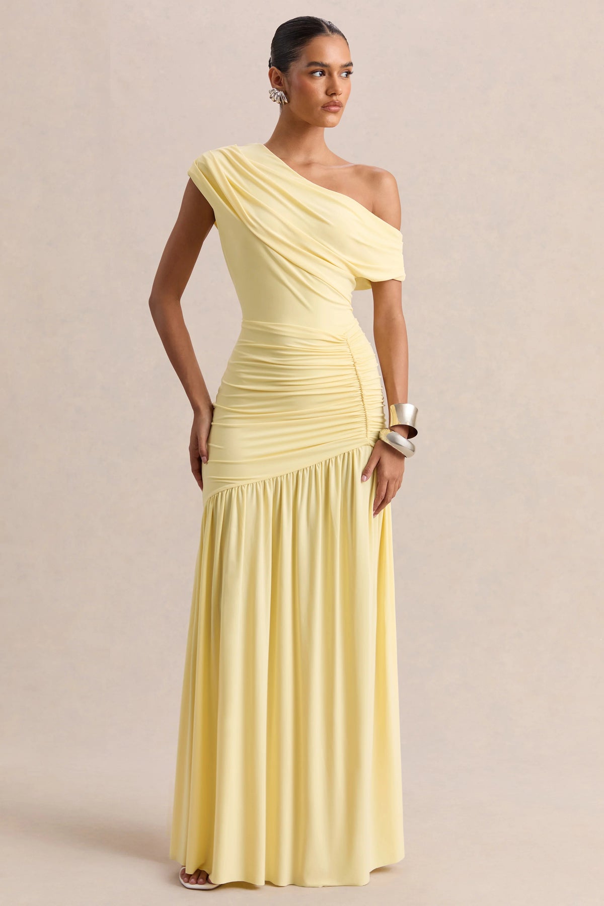Kady Lemon Asymmetric Neck Maxi Dress With Ruched Detailing