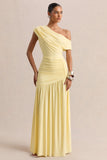 Kady Lemon Asymmetric Neck Maxi Dress With Ruched Detailing