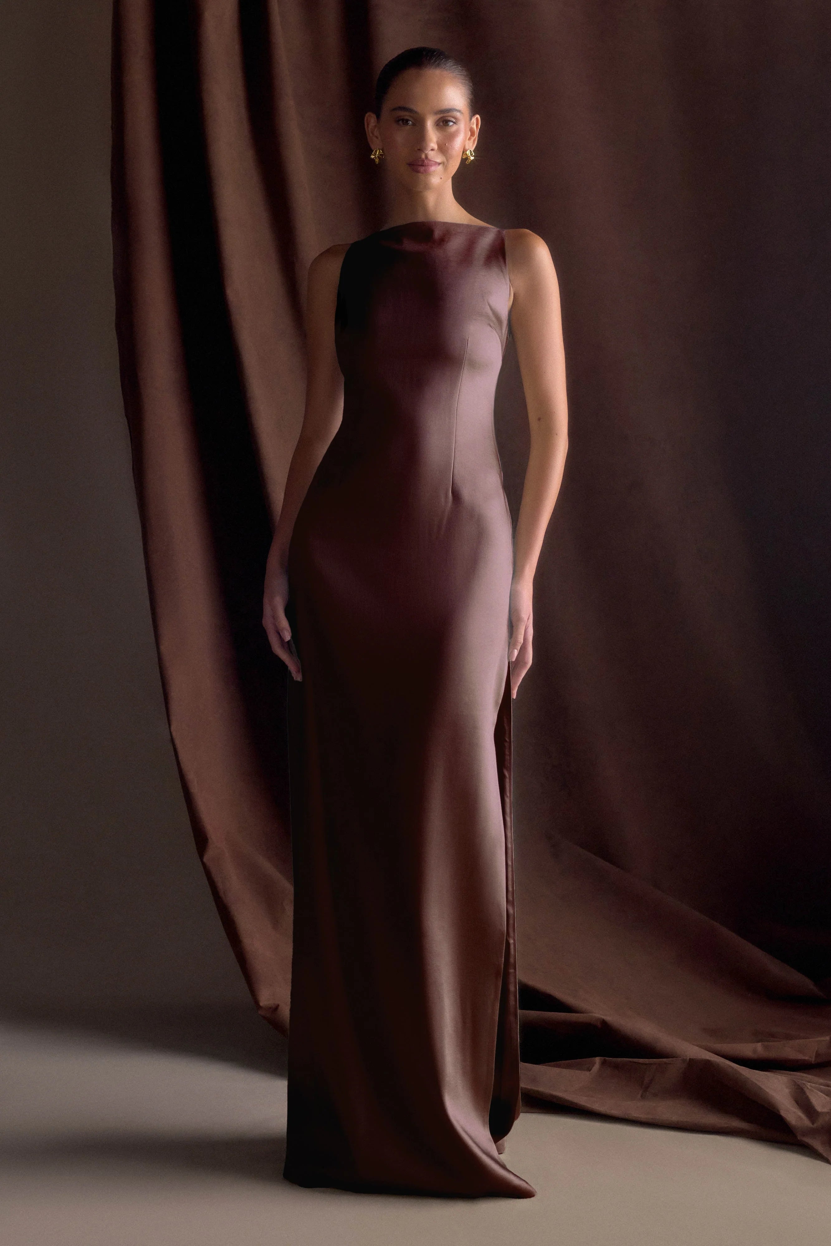 Violet Sleeveless Satin Maxi Dress Dark Chocolate