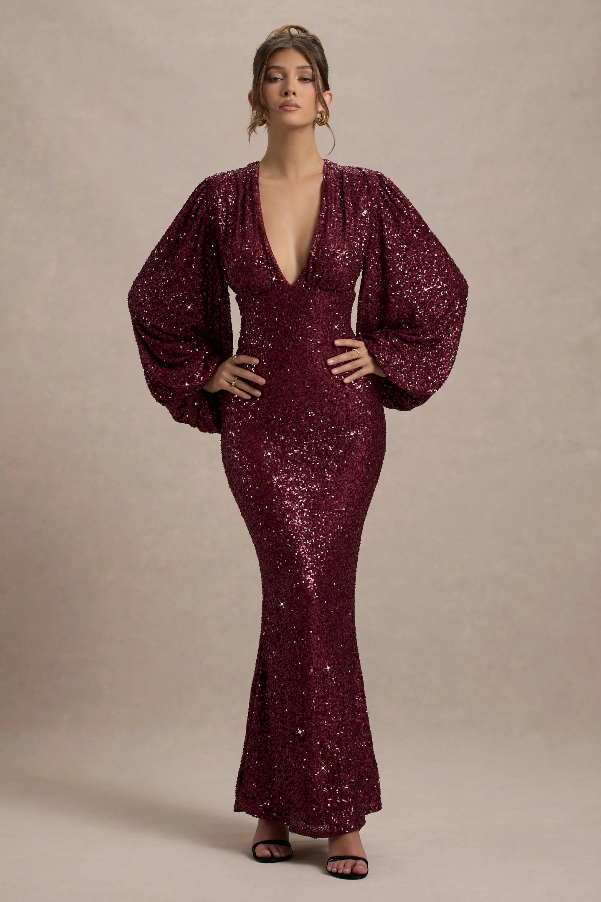 Kaelin Berry Sequin Plunge Neck Maxi Dress
