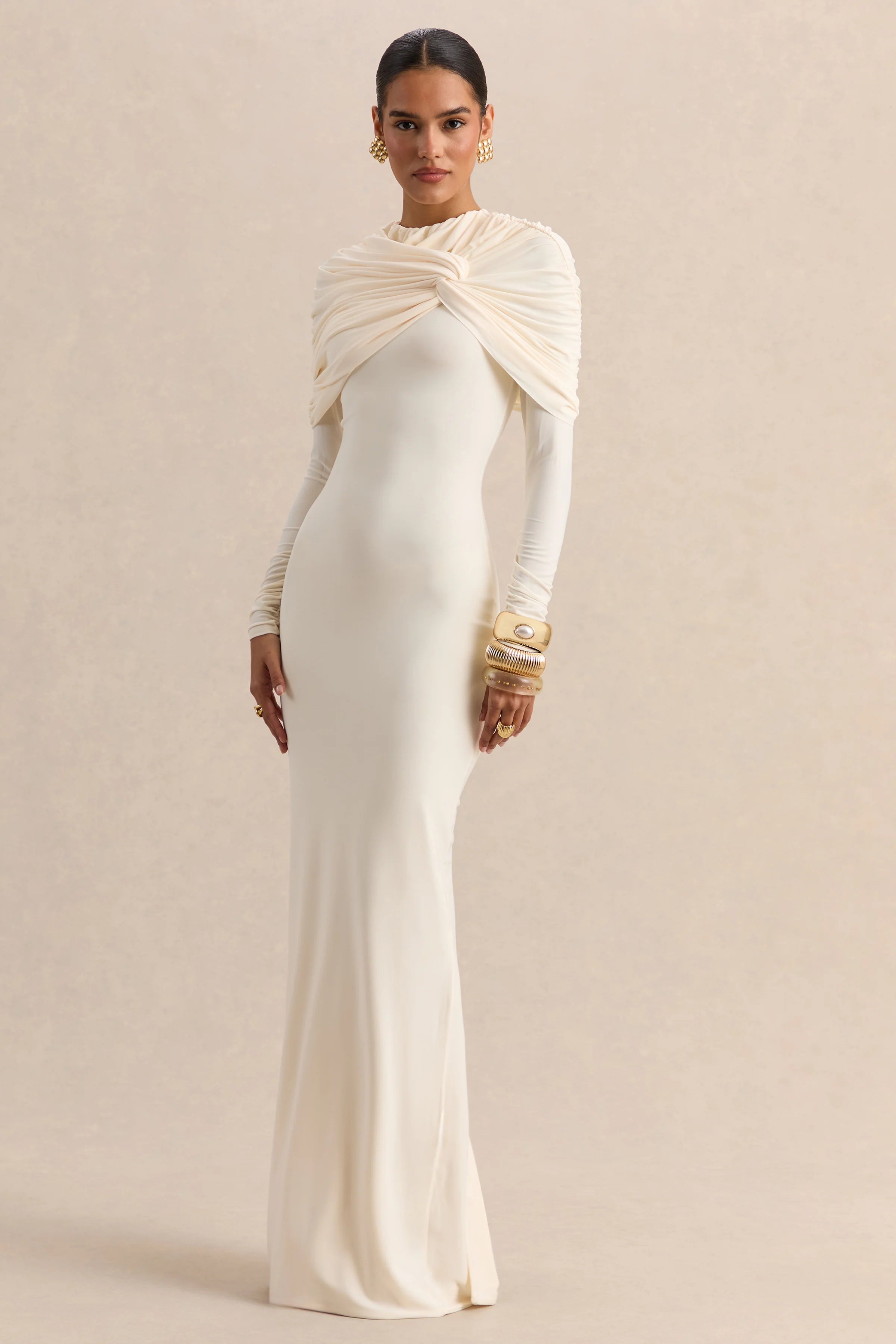Evessa Cream Crew Neck Maxi Dress With Gathered Detailing