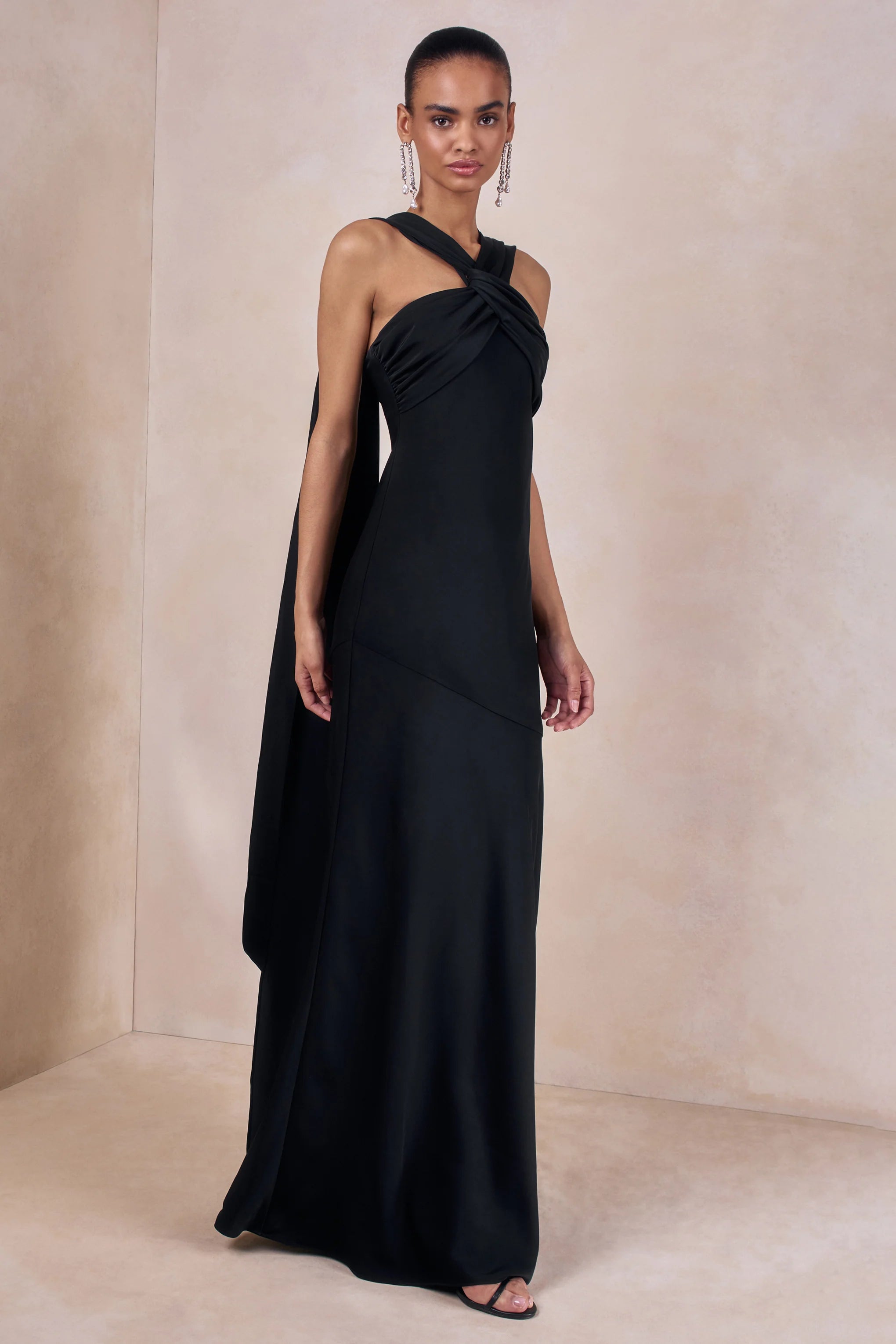 Sloane Black Matte Satin Halter Neck Maxi Dress With Cape