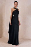 Sloane Black Matte Satin Halter Neck Maxi Dress With Cape