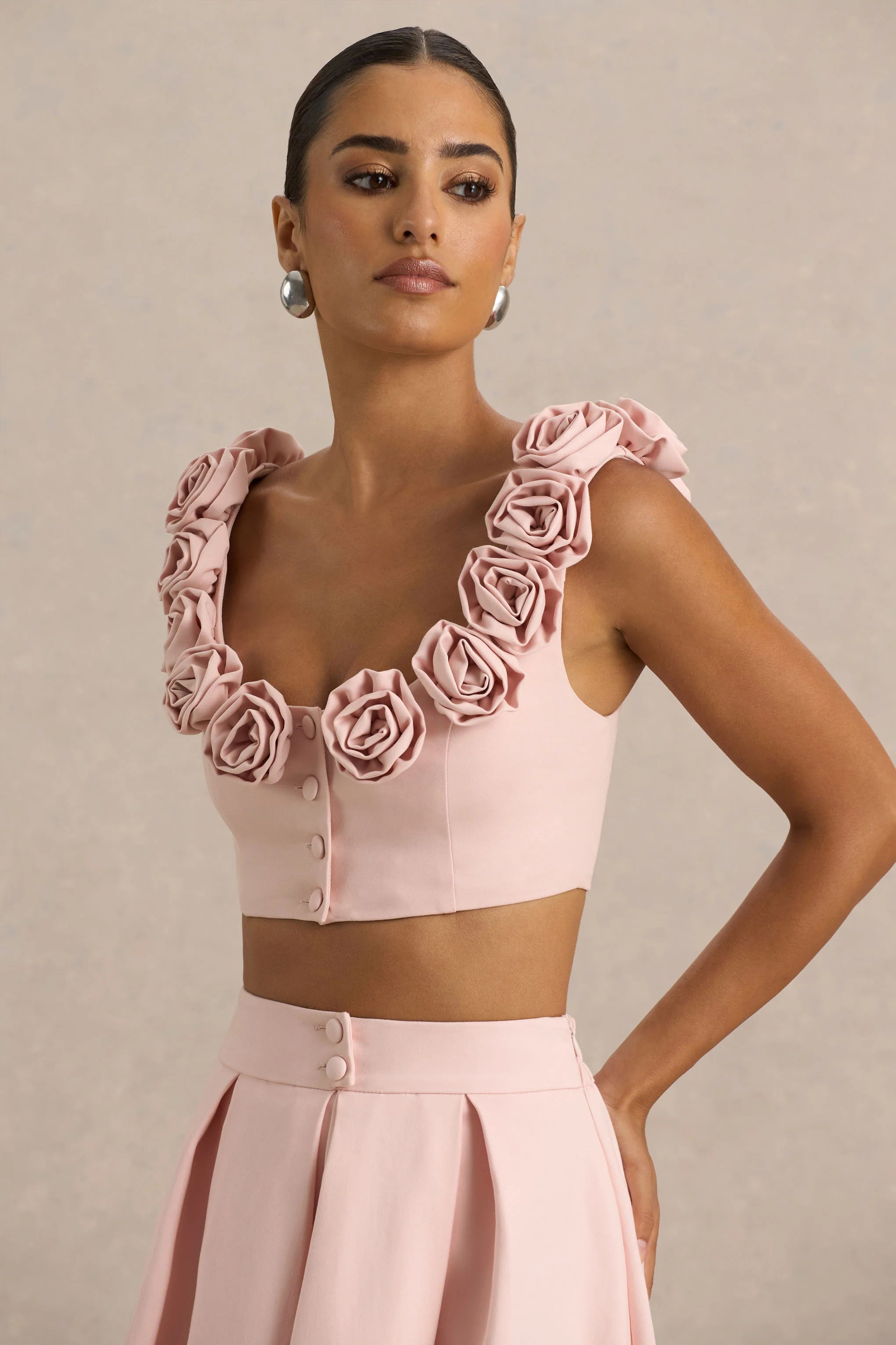 Blade Baby Pink Scoop Neck Crop Top With Corsage Details