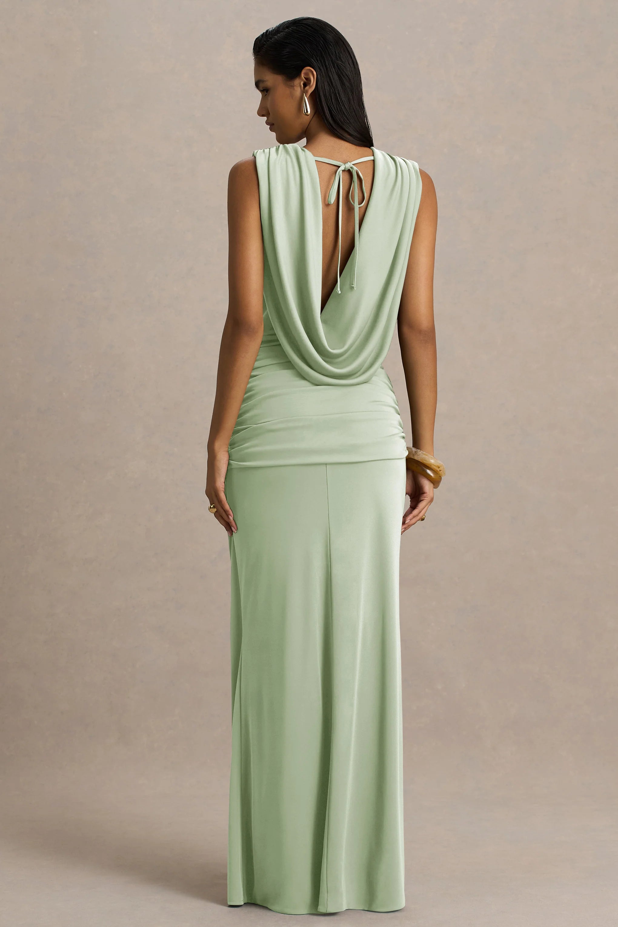 Serafina Light Green Extreme Plunge Neck Maxi Dress With Wrap And Ruched Details
