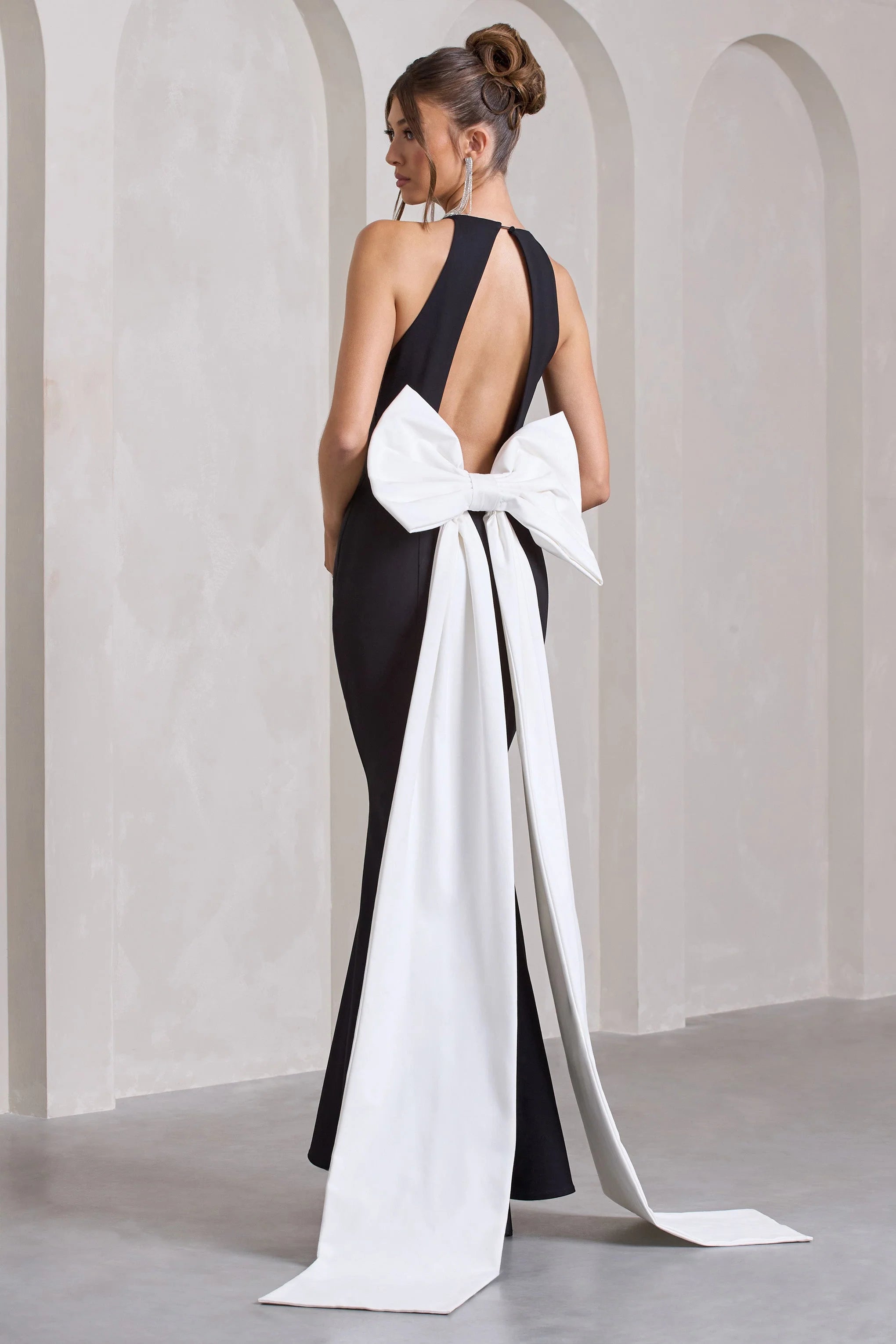 Bestow Black Open Back Maxi Dress With Oversized White Bow