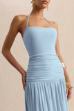 Nicolette Powder Blue Square Neck Maxi Dress With Ruched Detailing