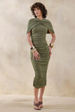 Parisia Olive Round Neck Midi Dress With Cape Detail