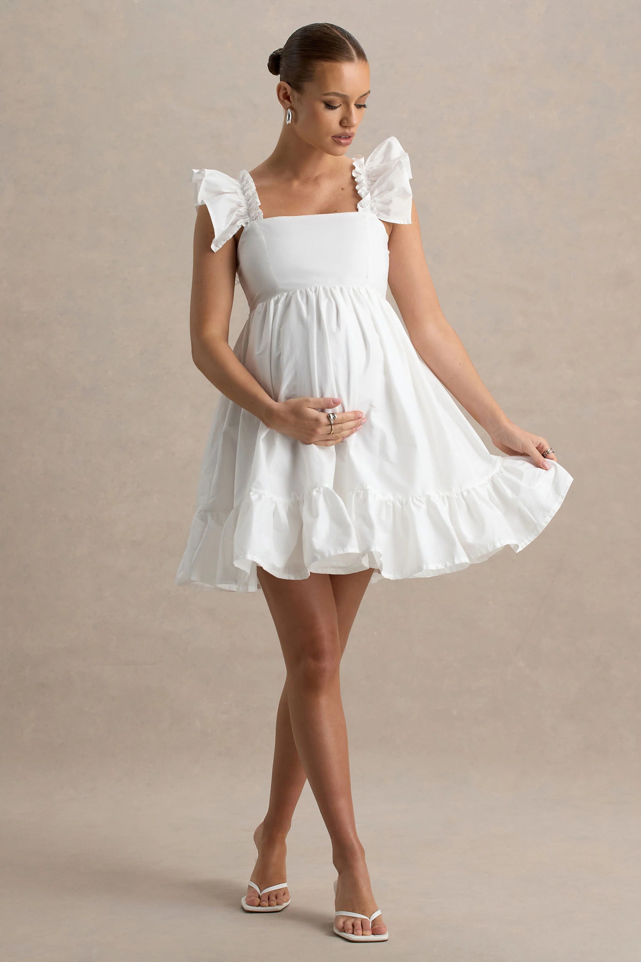 Dolly Daze White Ruffle Sleeve Babydoll Maternity Mini Dress